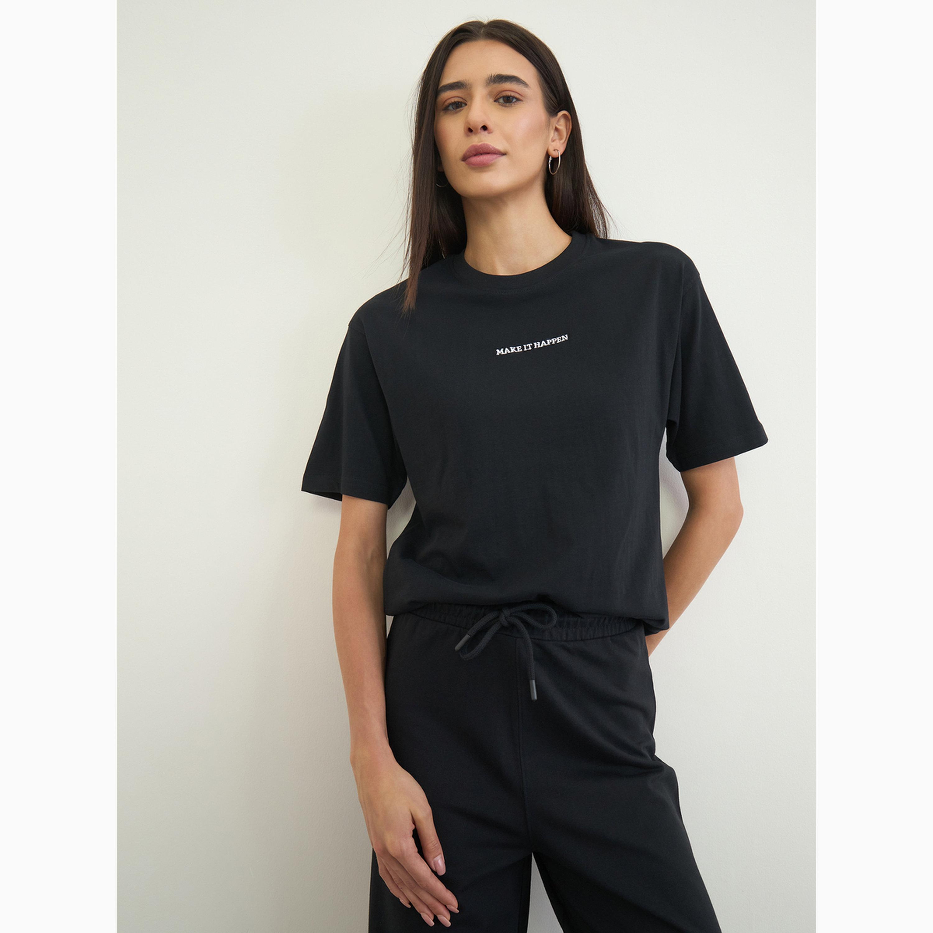 Styli Black Cotton Longline T-Shirt and Pants Set-women-clothing-coordsets-image-3