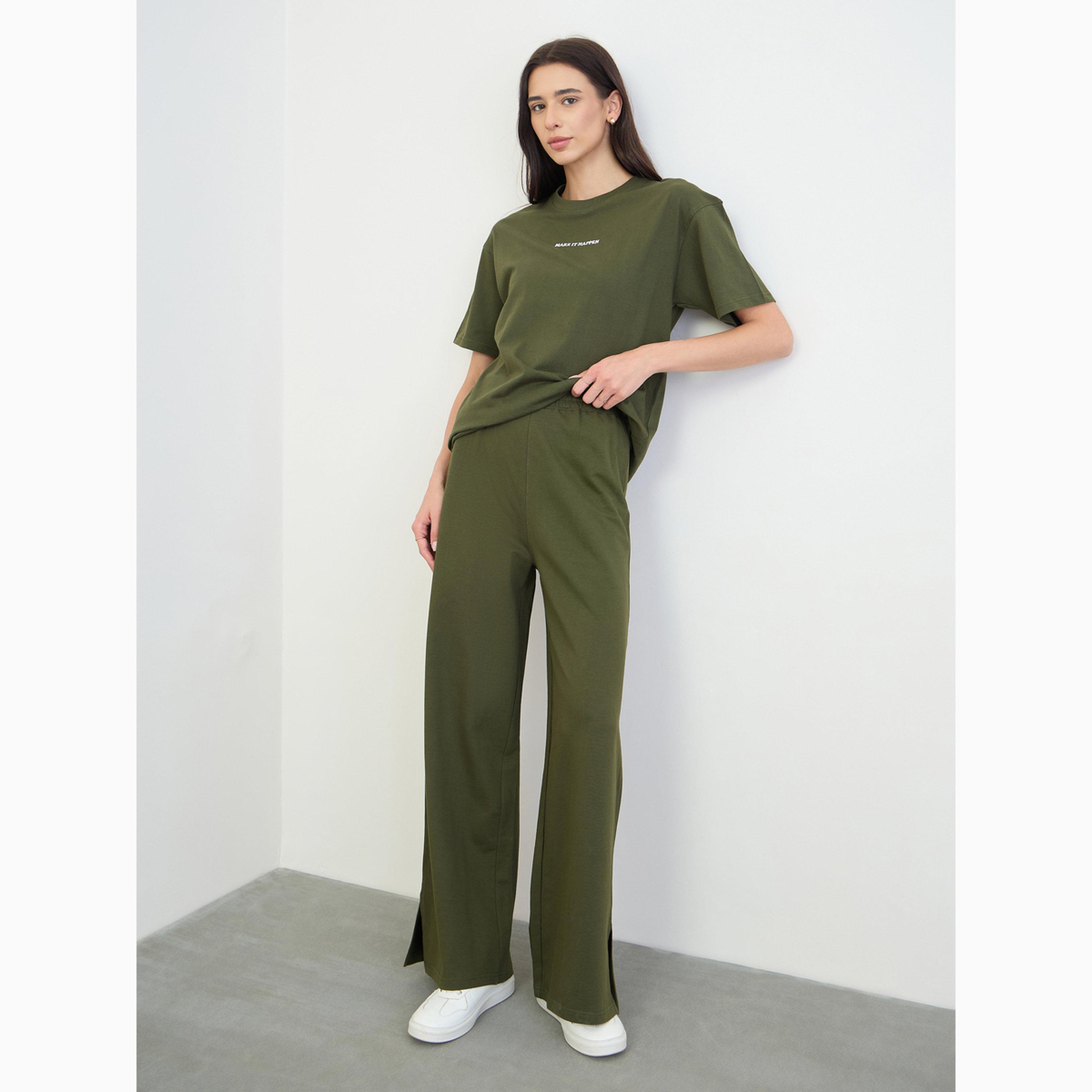 Styli Olive Cotton Longline T-Shirt and Pants Set-women-clothing-coordsets-image-2