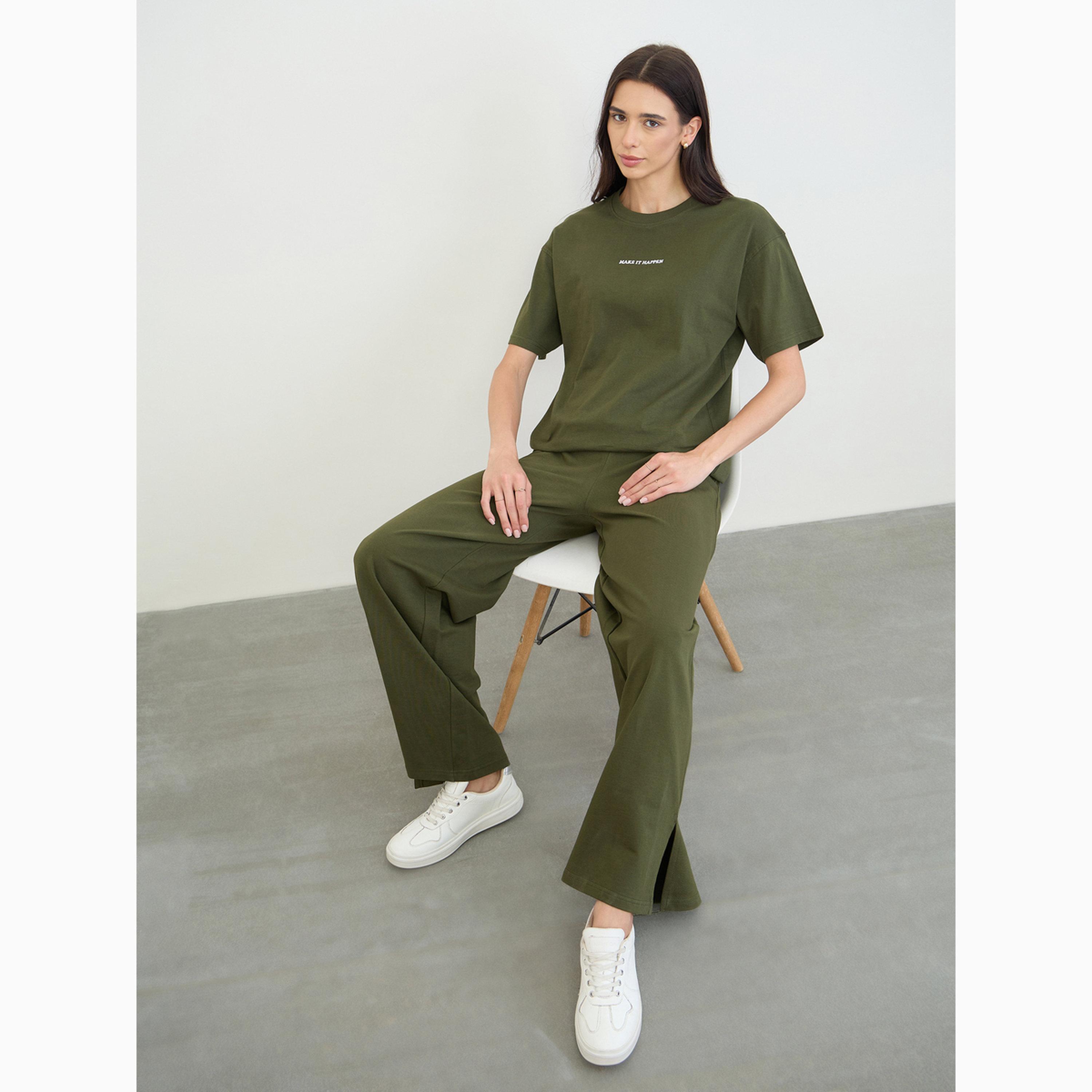 Styli Olive Cotton Longline T-Shirt and Pants Set-women-clothing-coordsets-image-3