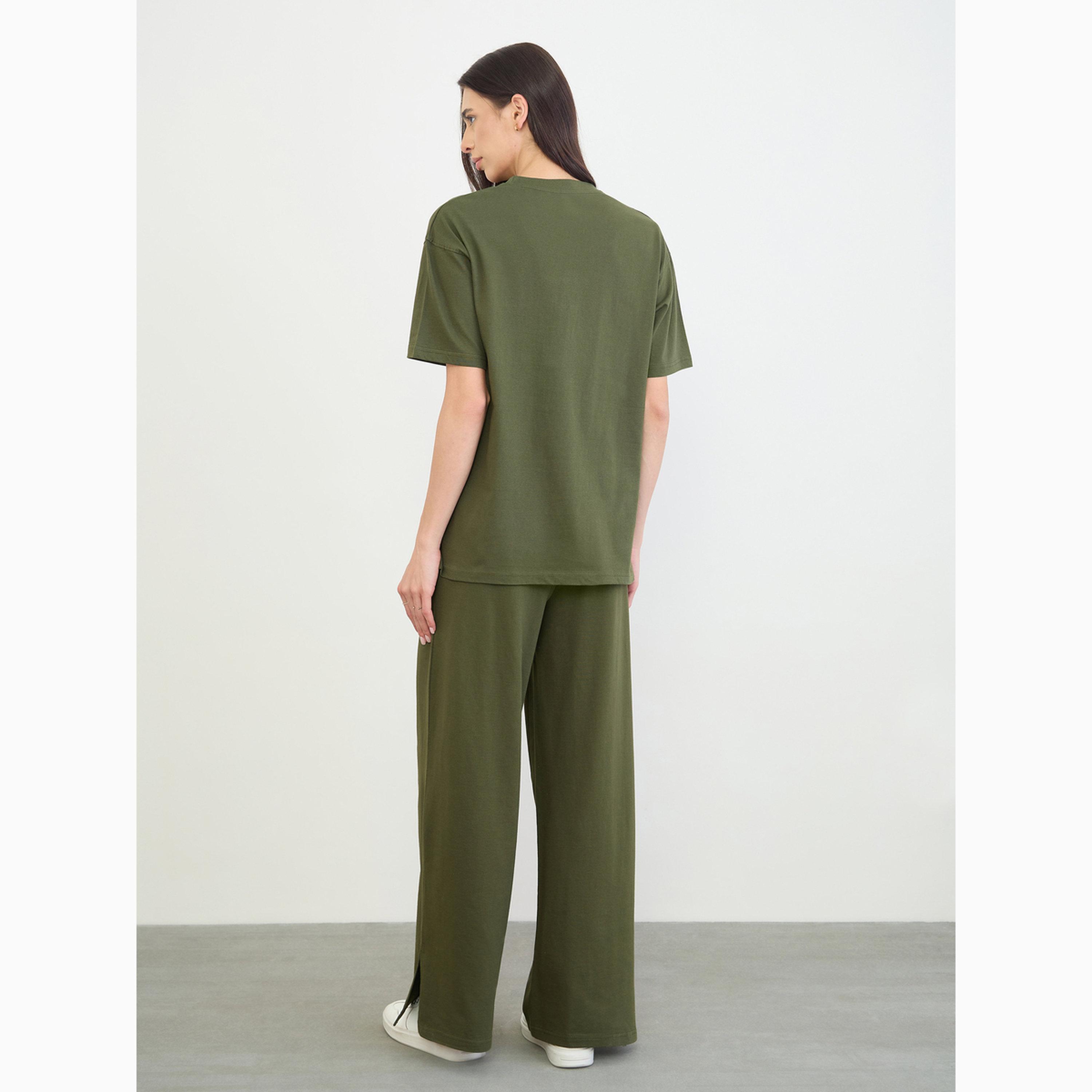 Styli Olive Cotton Longline T-Shirt and Pants Set-women-clothing-coordsets-image-4