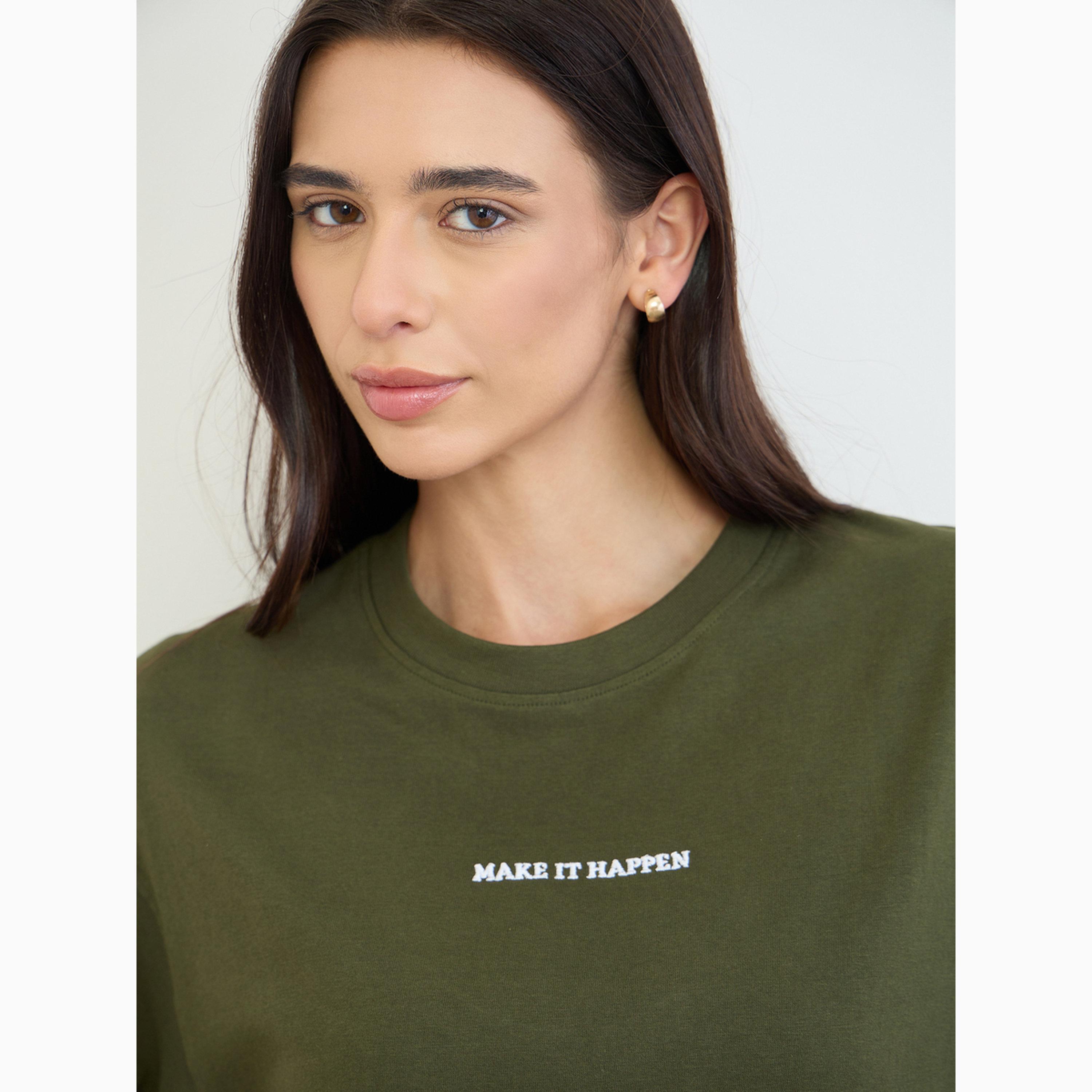 طقم قطني زيتوني تي شيرت طويل وبنطال-women-clothing-coordsets-image-6