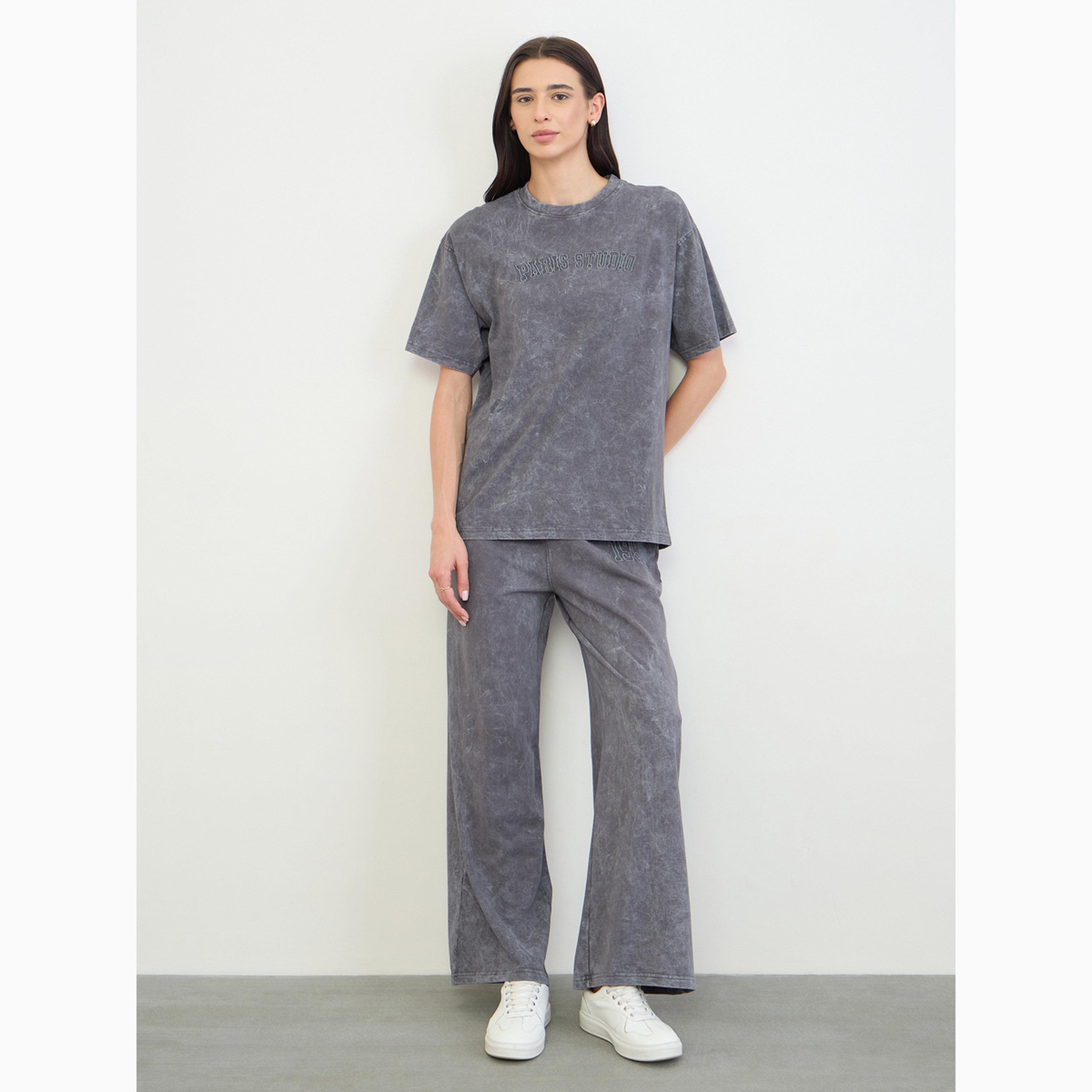Styli Oversized Acid Wash Embroidered T-Shirt and Wide Leg Joggers Set-women-clothing-coordsets-image-1