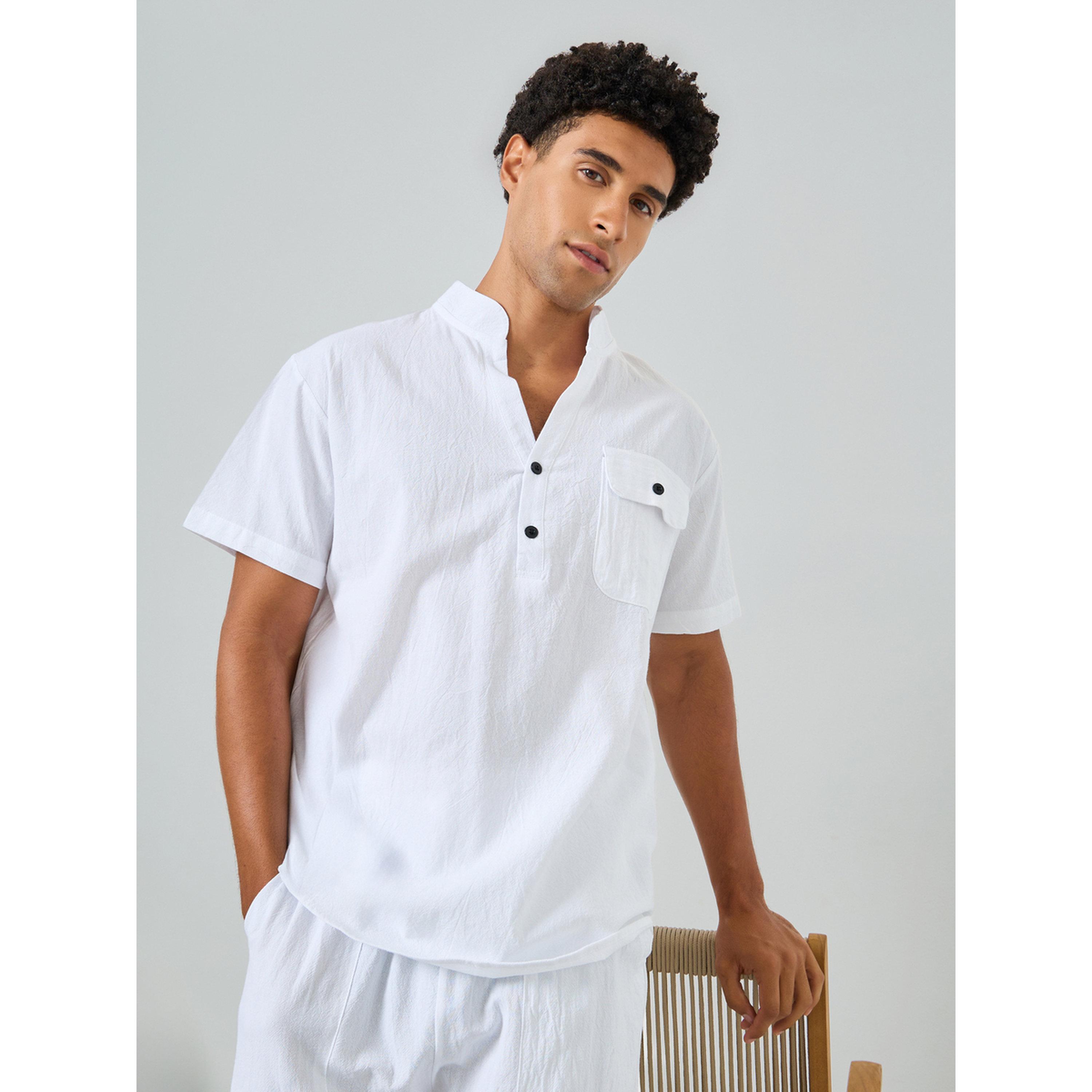 قميص رجالي أبيض بأكمام قصيرة وياقة ماندارين-men-clothing-shirts-image-1