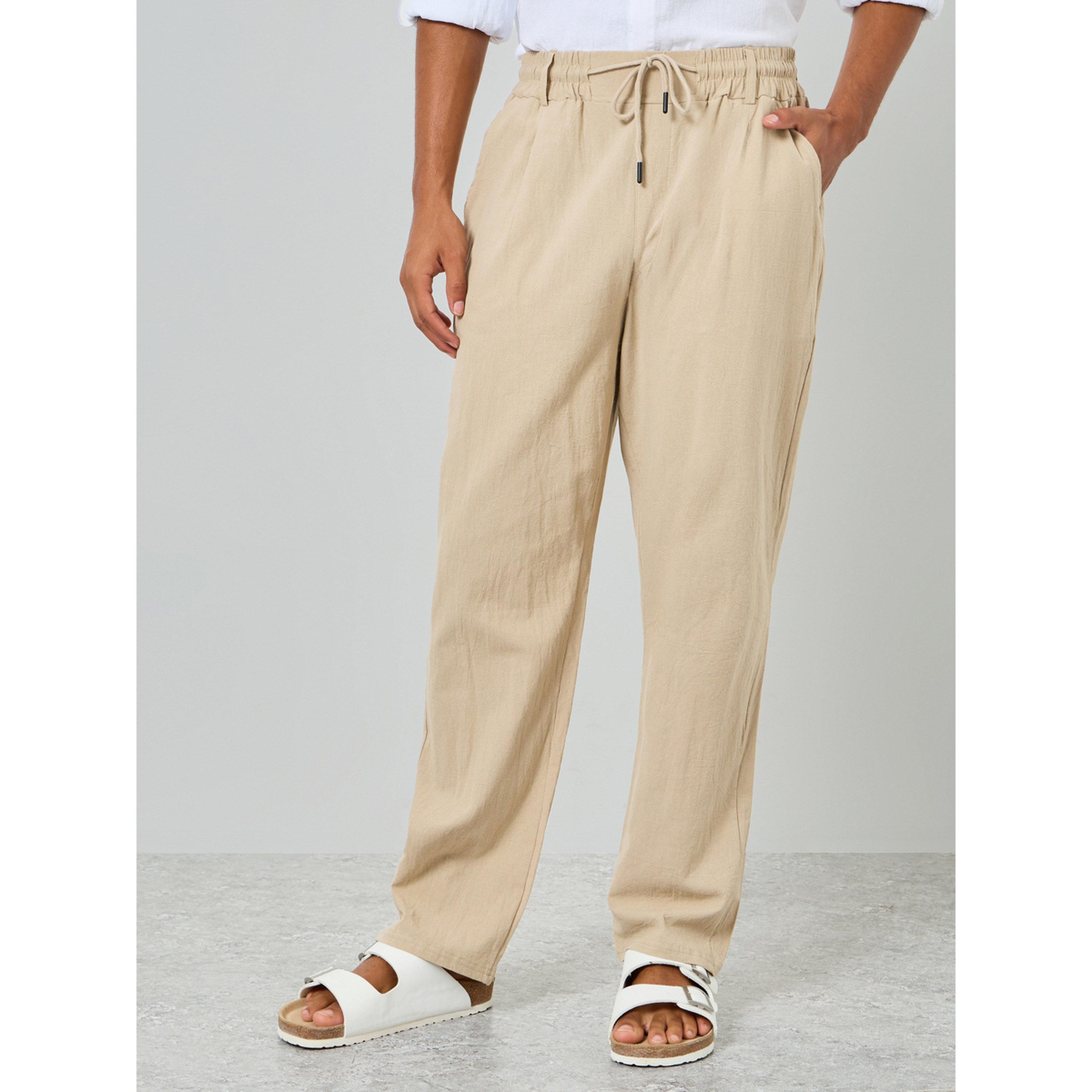 Take Two Men Beige Linen Blend Relaxed Fit Trousers-men-clothing-bottoms-joggers-image-1
