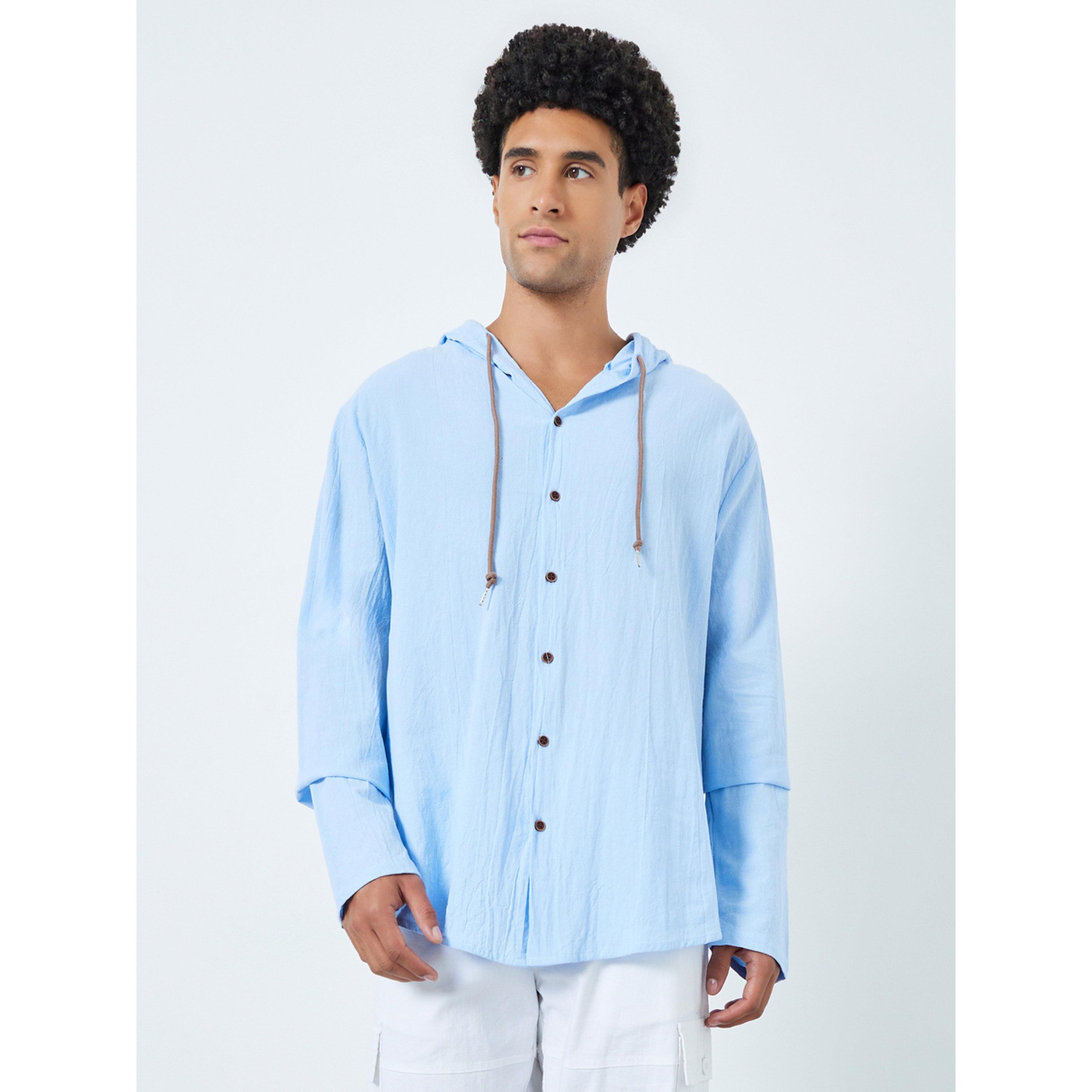 قميص سادة بقصة مريحة وياقة هودي-men-clothing-shirts-image-1