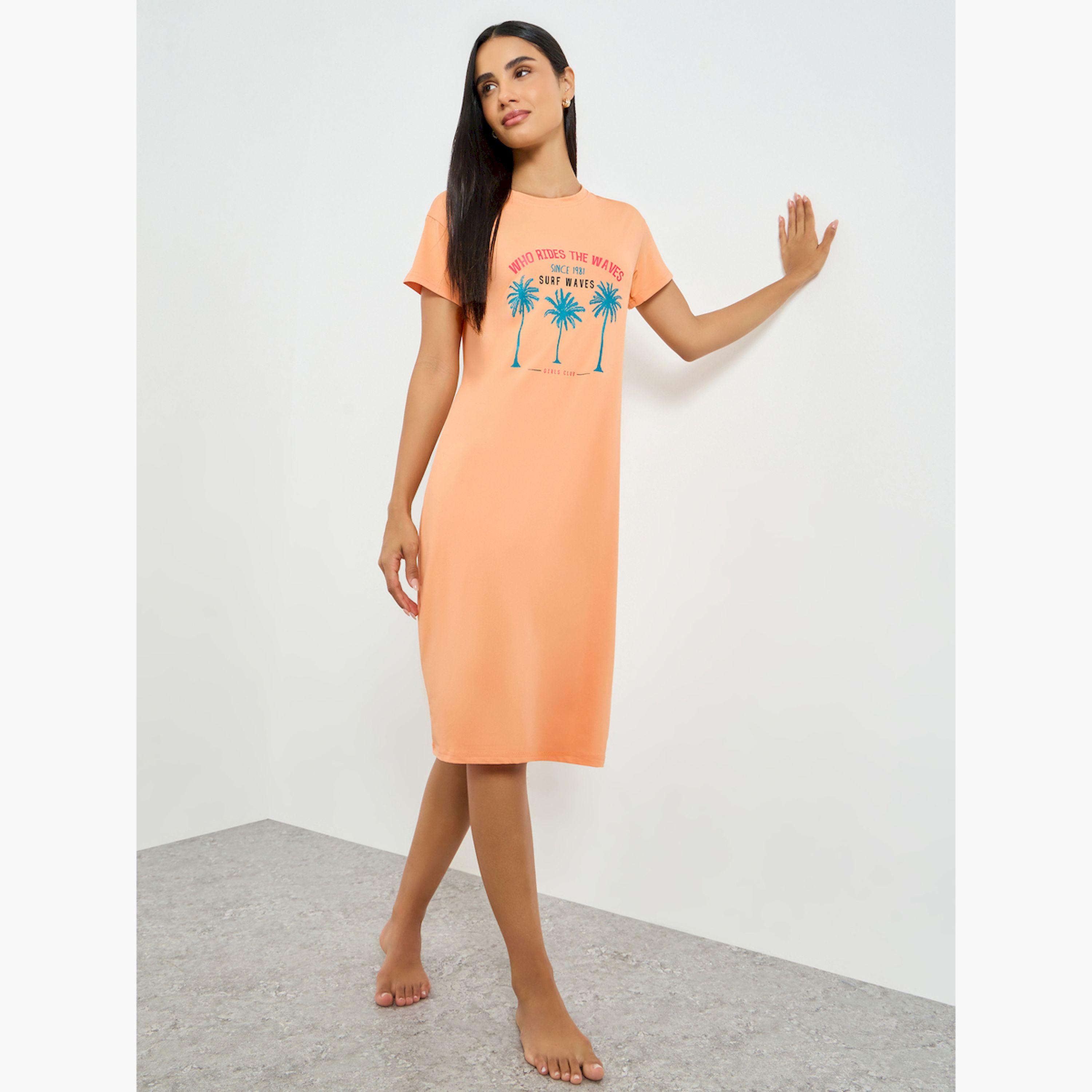 Take Two Orange Palm Print T-Shirt Dress-women-clothing-nightwear-nighties-image-1