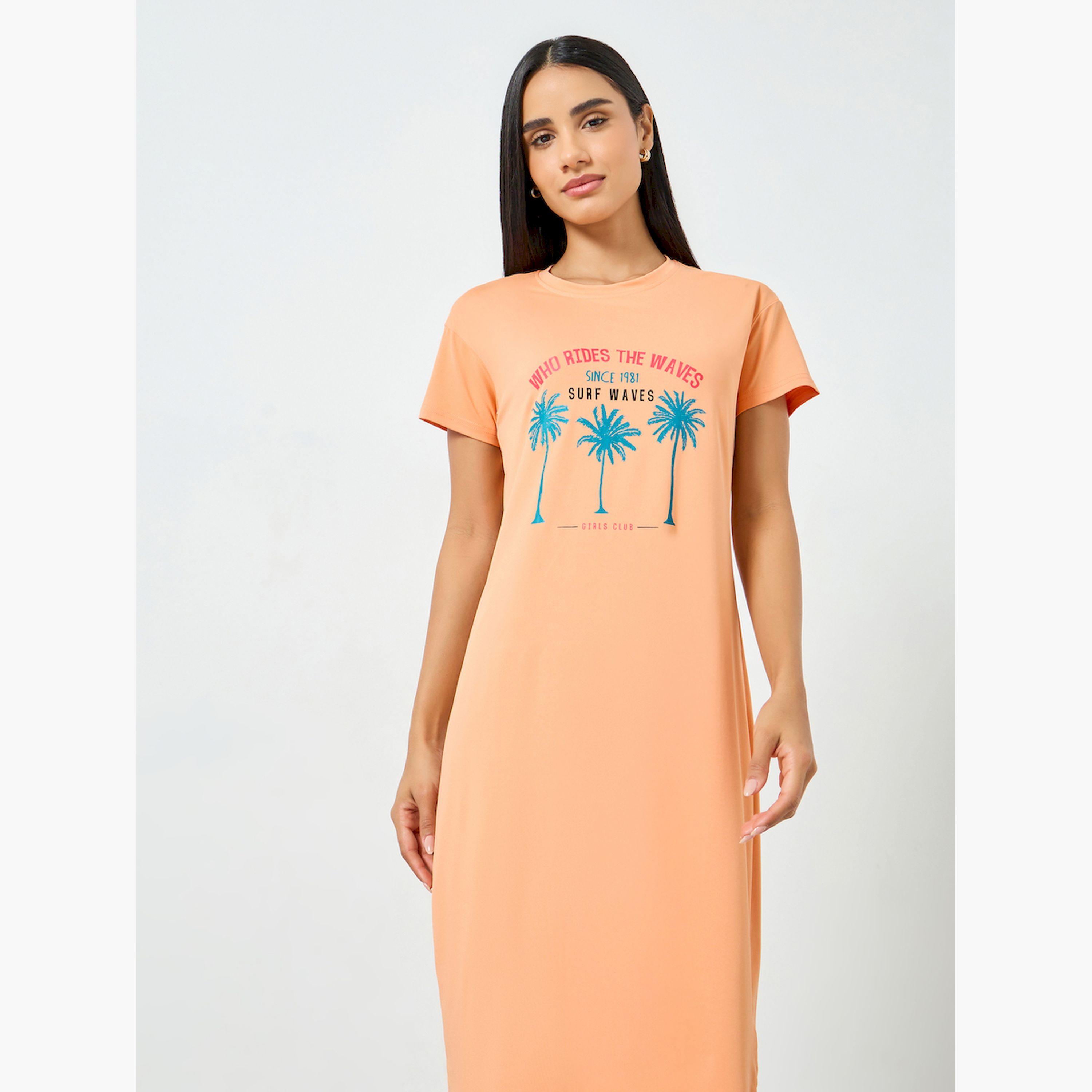 Take Two Orange Palm Print T-Shirt Dress-women-clothing-nightwear-nighties-image-2