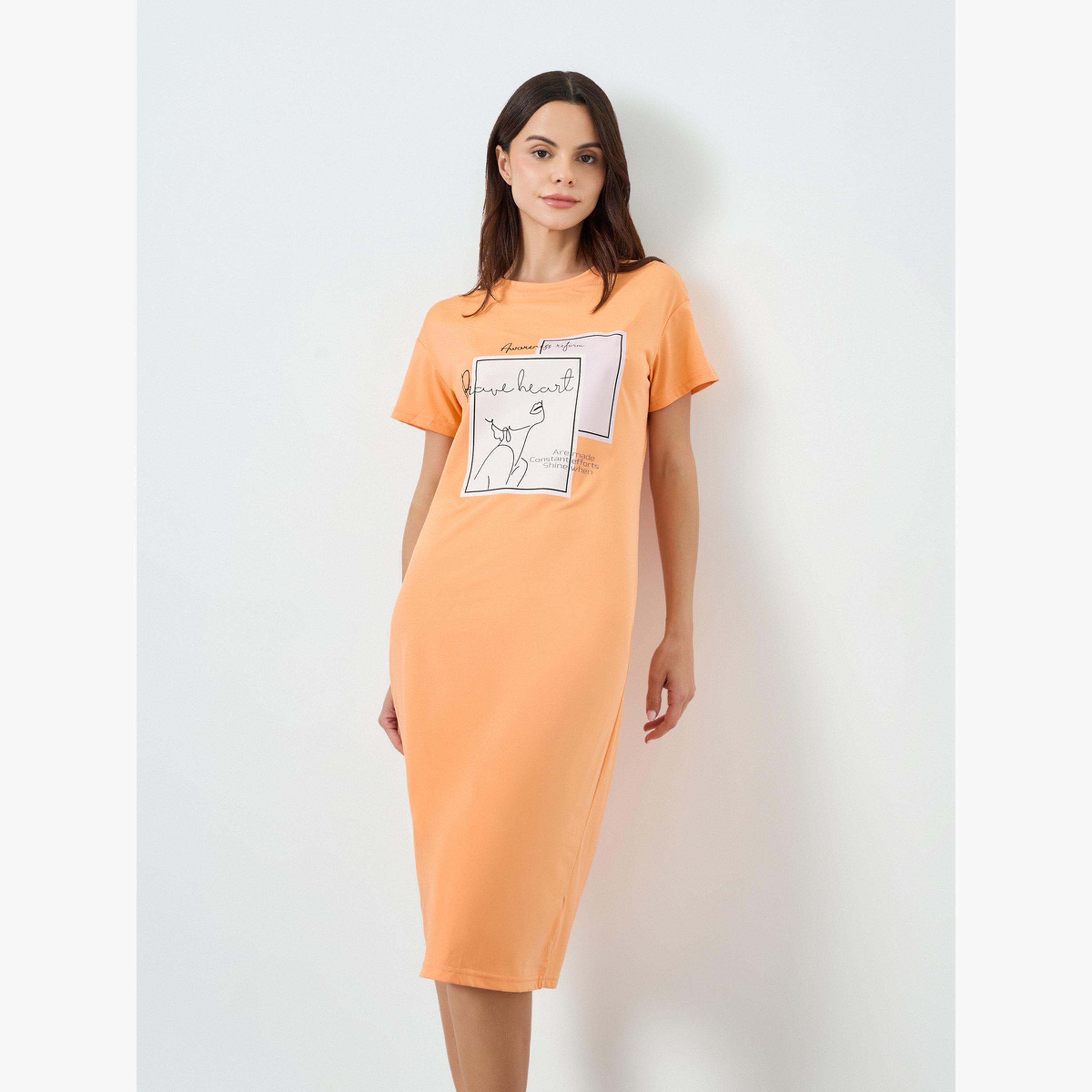Take Two Orange Graphic Print Short Sleeve T-Shirt Dress-women-clothing-nightwear-nighties-image-1