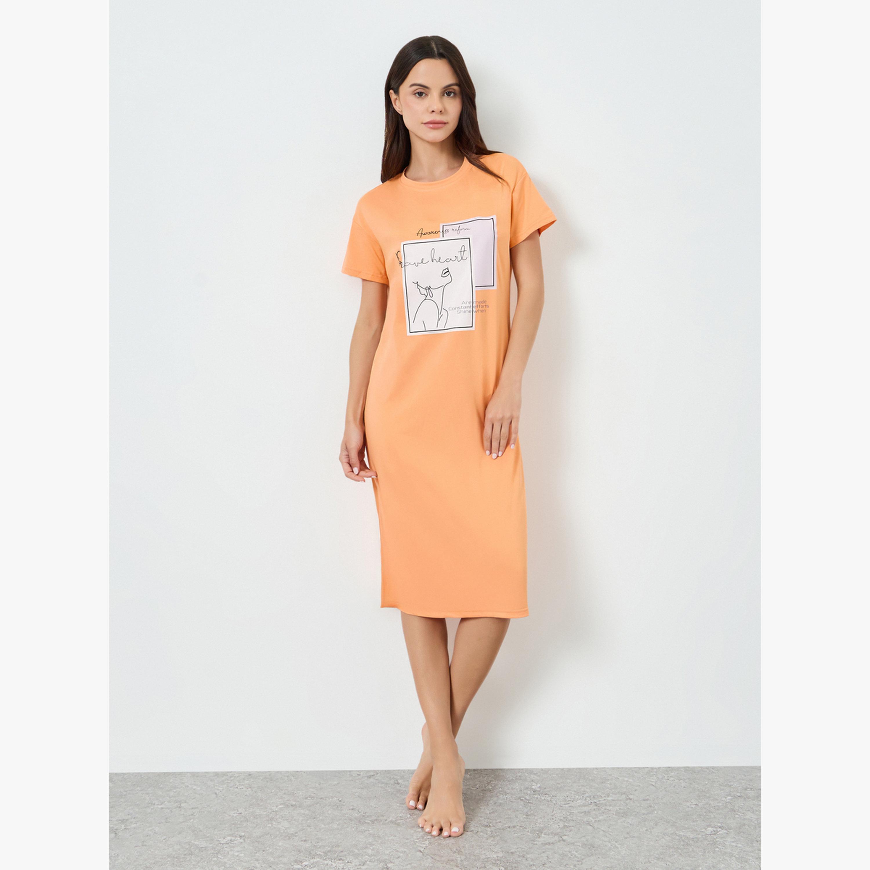 Take Two Orange Graphic Print Short Sleeve T-Shirt Dress-women-clothing-nightwear-nighties-image-2
