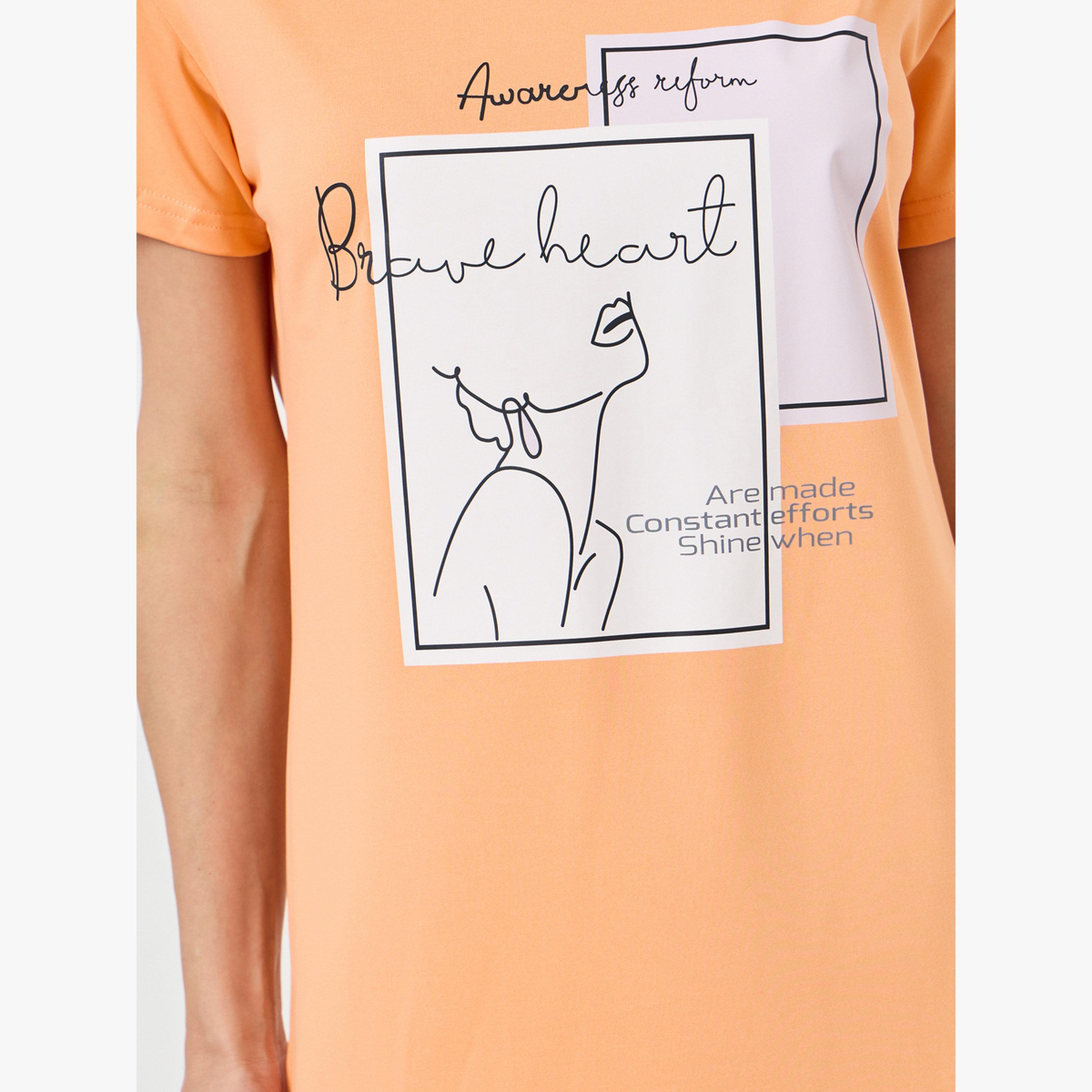 Take Two Orange Graphic Print Short Sleeve T-Shirt Dress-women-clothing-nightwear-nighties-image-4