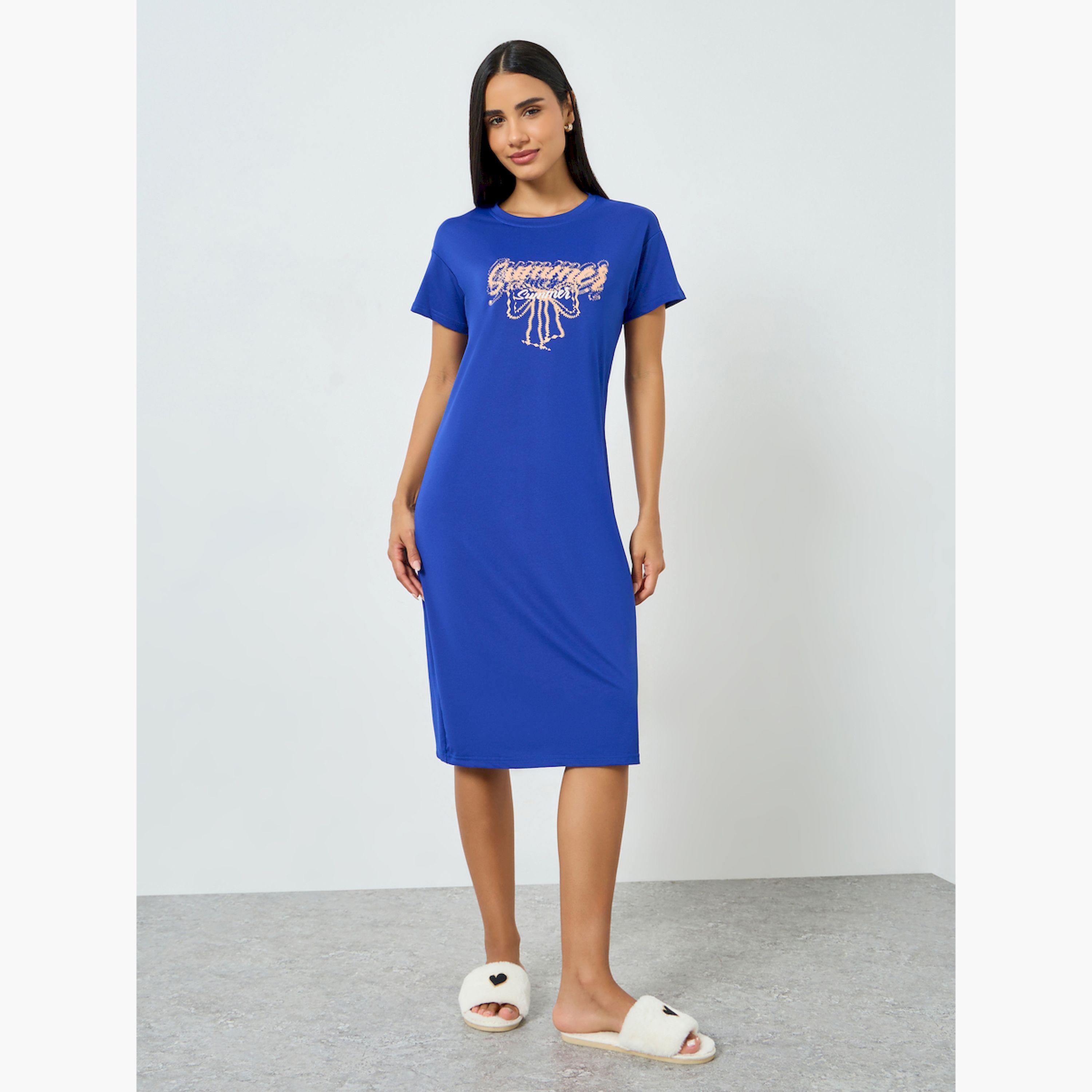 Take Two Blue Graphic Print T-Shirt Dress-women-clothing-nightwear-nighties-image-2