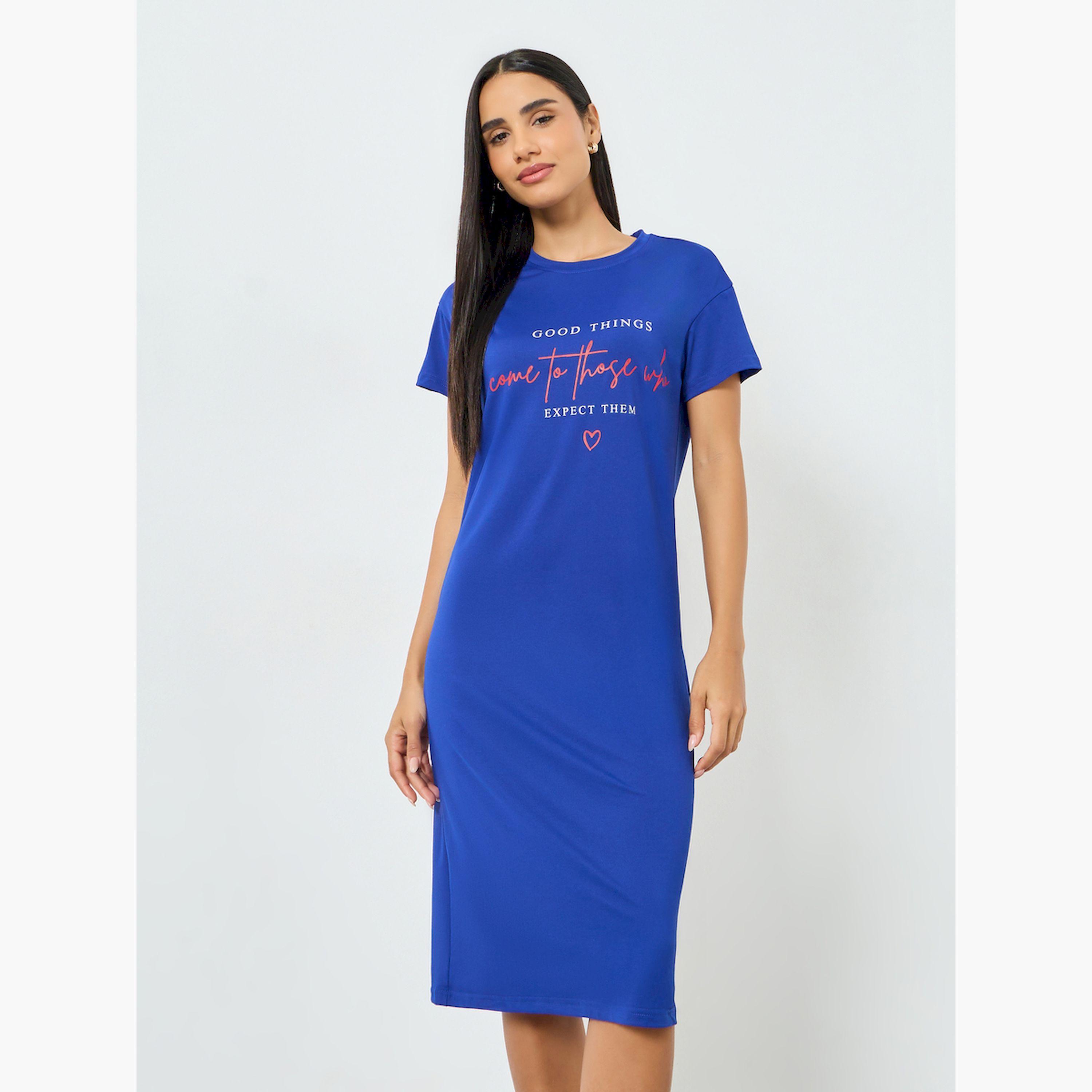 Take Two Blue Slogan Print Short Sleeve T-Shirt Dress-women-clothing-nightwear-nighties-image-1