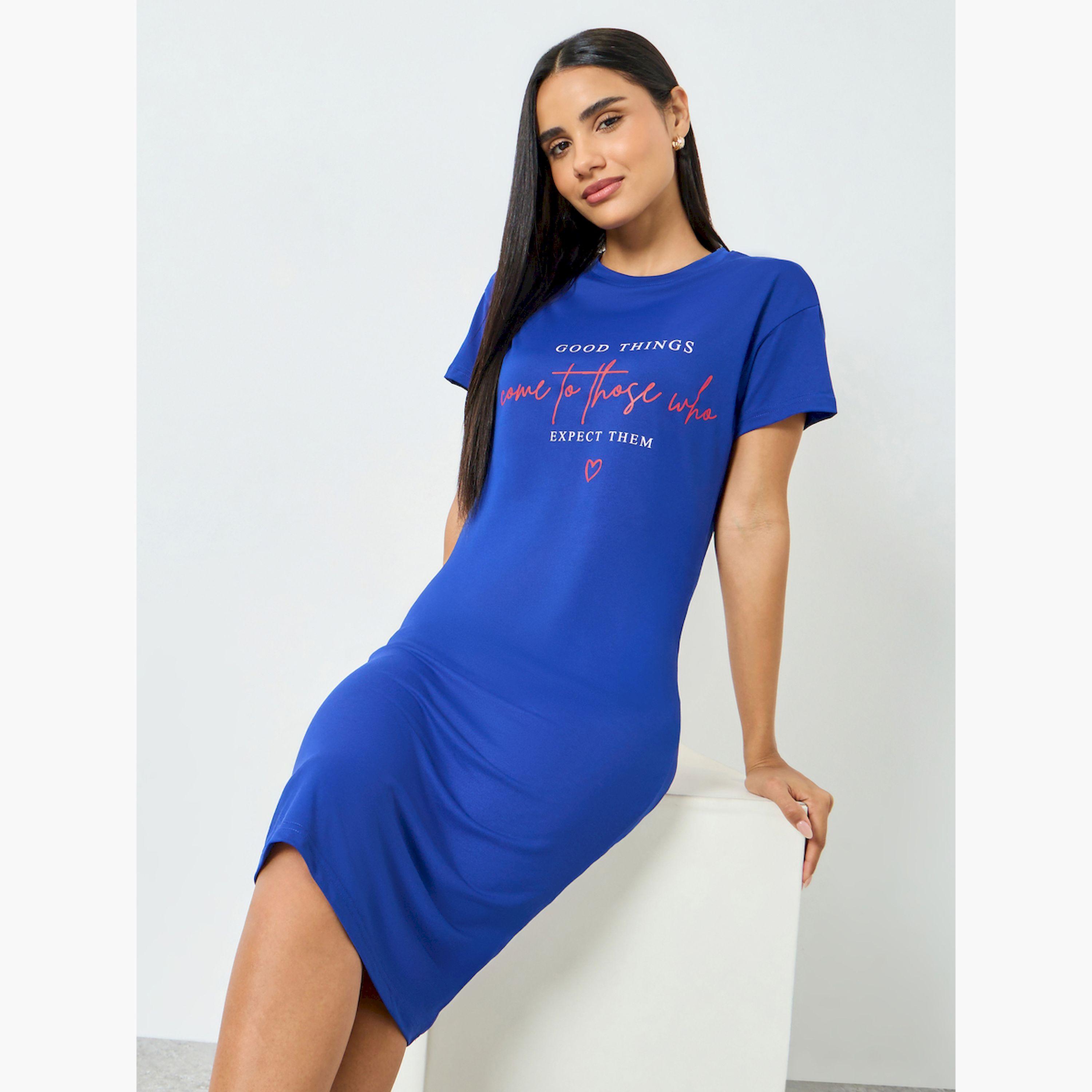 Take Two Blue Slogan Print Short Sleeve T-Shirt Dress-women-clothing-nightwear-nighties-image-3
