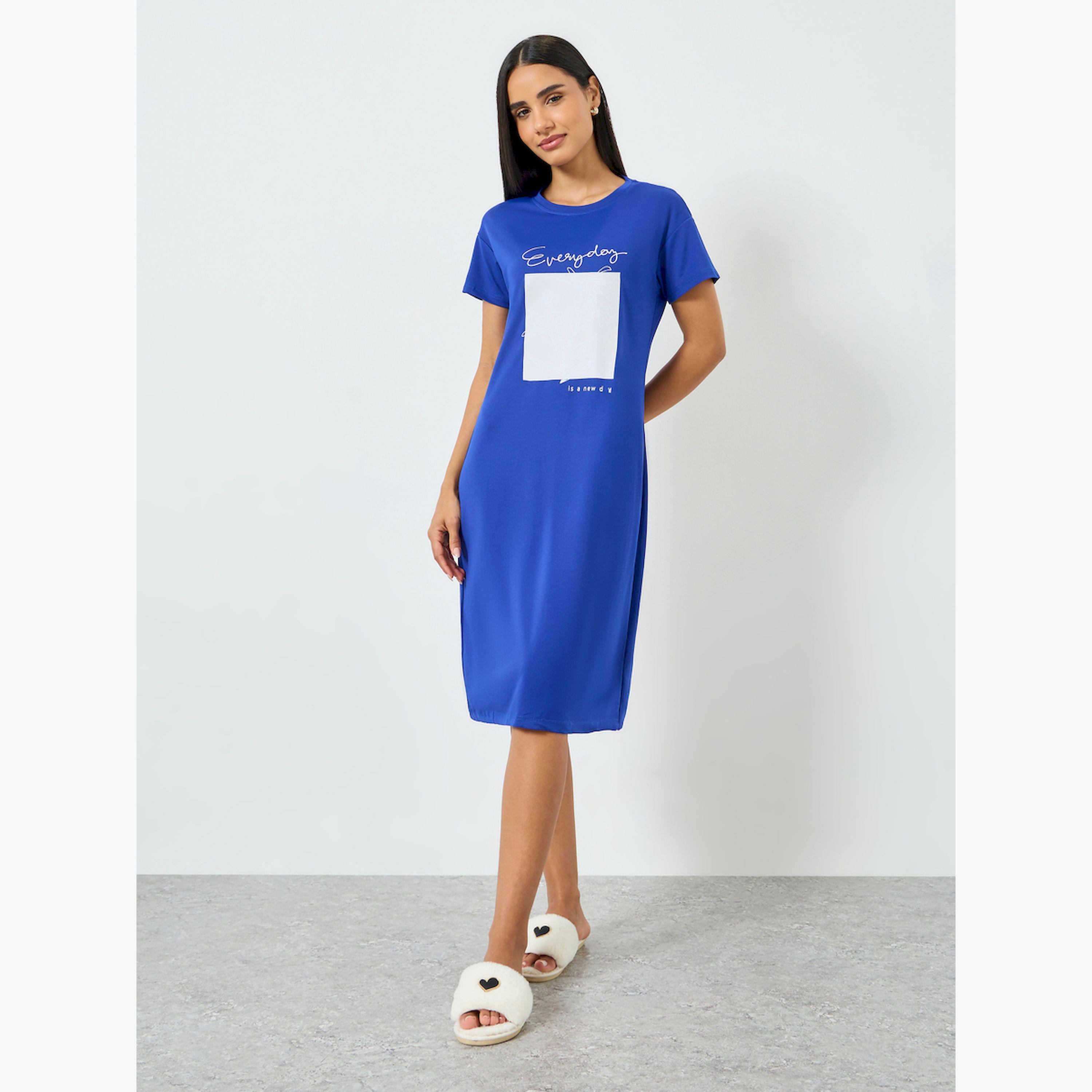 Take Two Blue Short Sleeve Printed T-Shirt Dress-women-clothing-nightwear-nighties-image-2