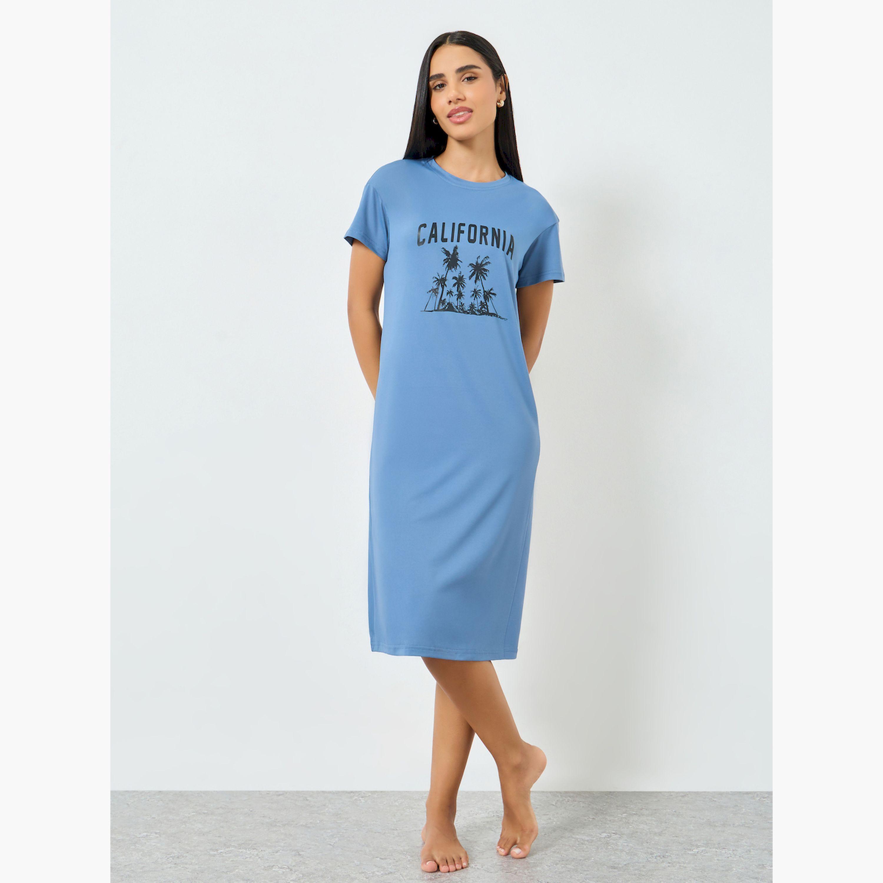 تيك تو × ستايلي - فستان تيشيرت أزرق نقشة كاليفورنيا-women-clothing-nightwear-nighties-image-1