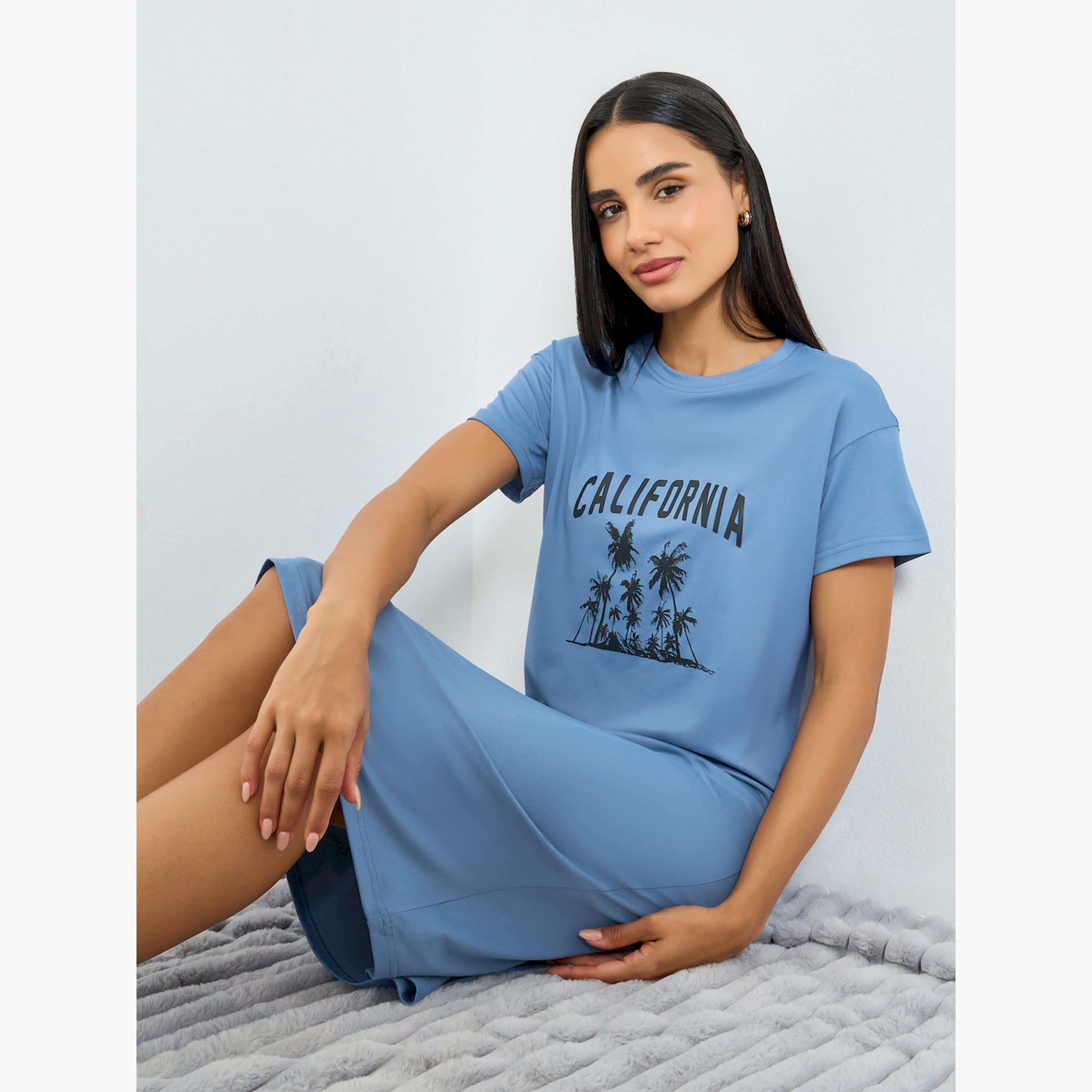 تيك تو × ستايلي - فستان تيشيرت أزرق نقشة كاليفورنيا-women-clothing-nightwear-nighties-image-2
