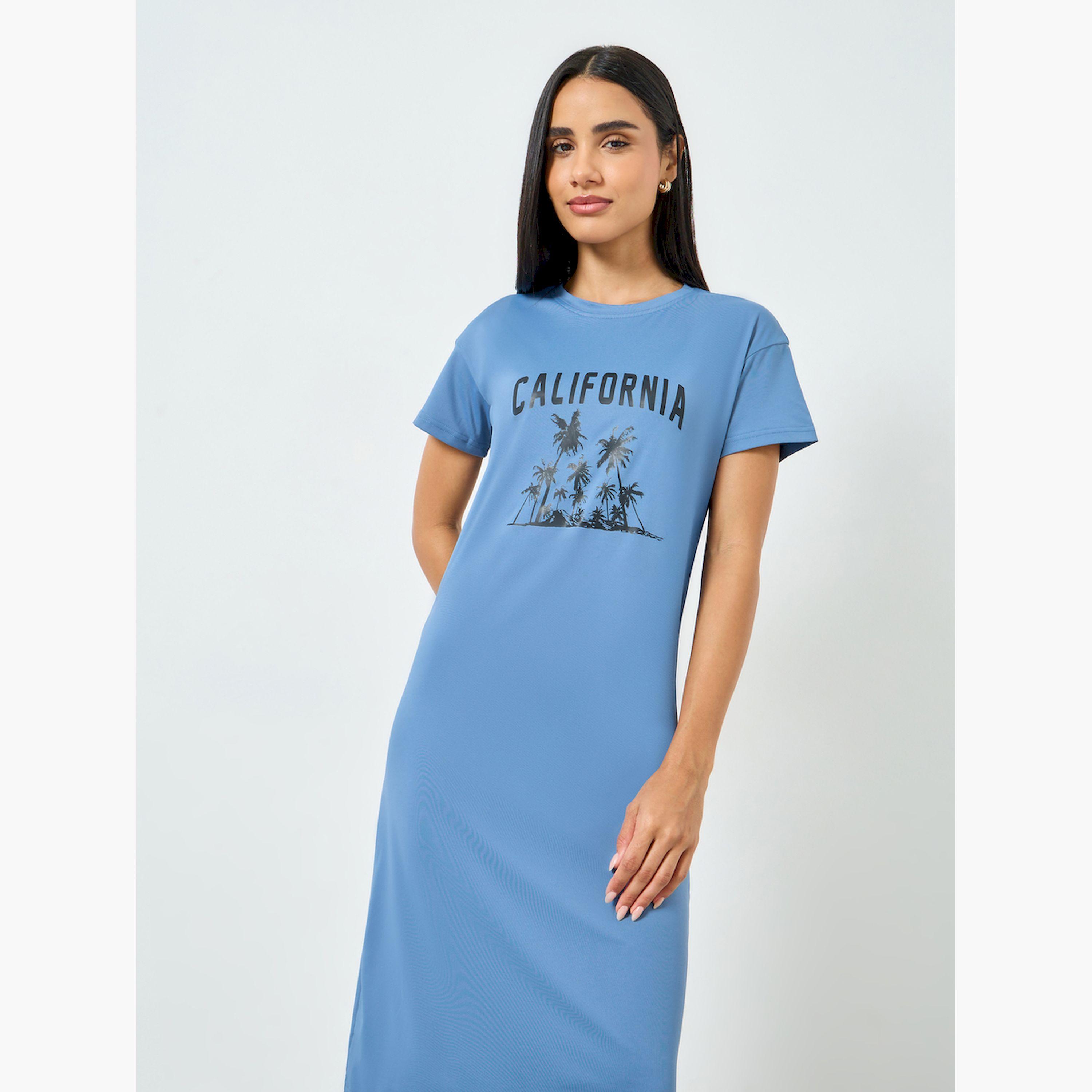 تيك تو × ستايلي - فستان تيشيرت أزرق نقشة كاليفورنيا-women-clothing-nightwear-nighties-image-3
