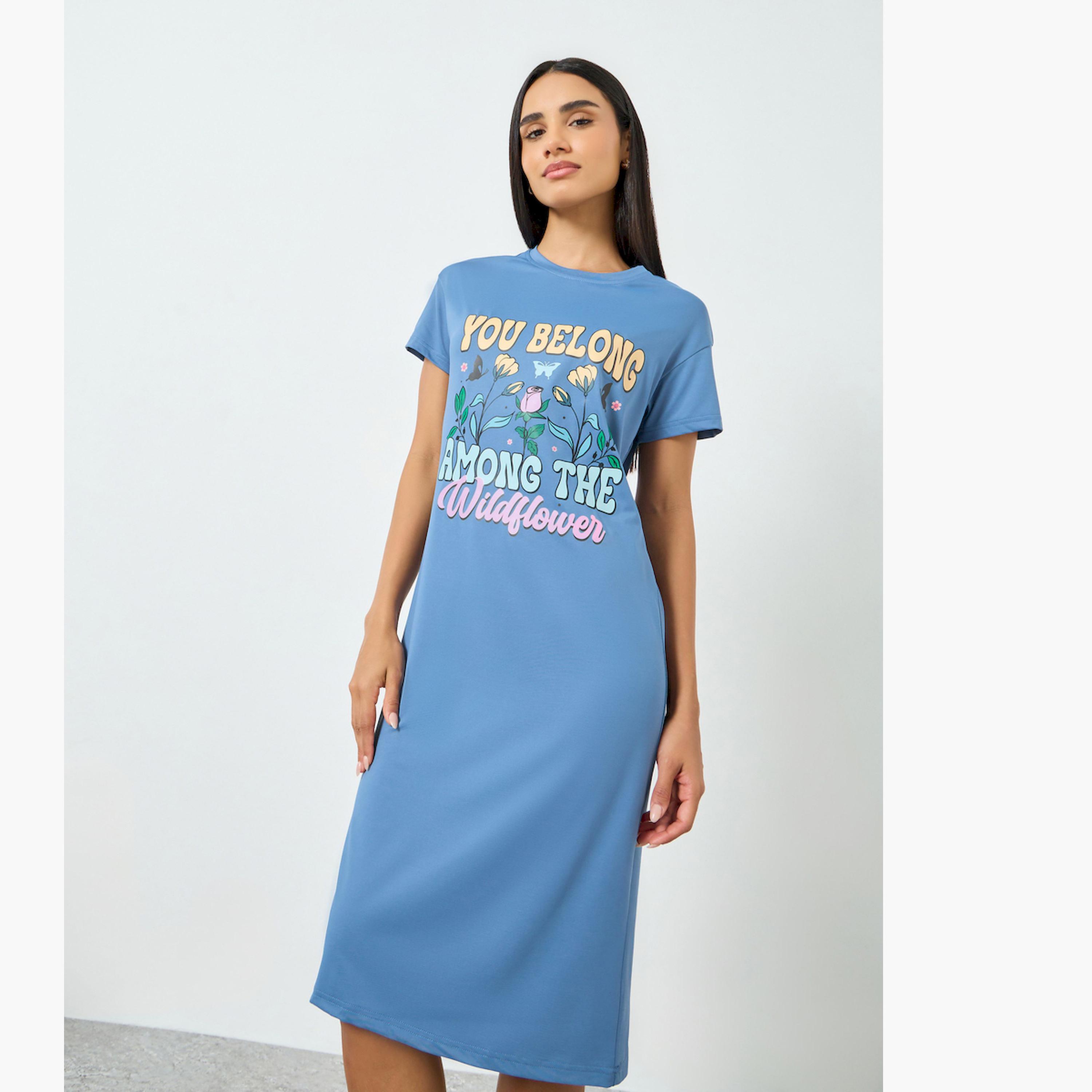 تيك تو × ستايلي - فستان تيشيرت نقشة زهور برية زرقاء-women-clothing-nightwear-nighties-image-1