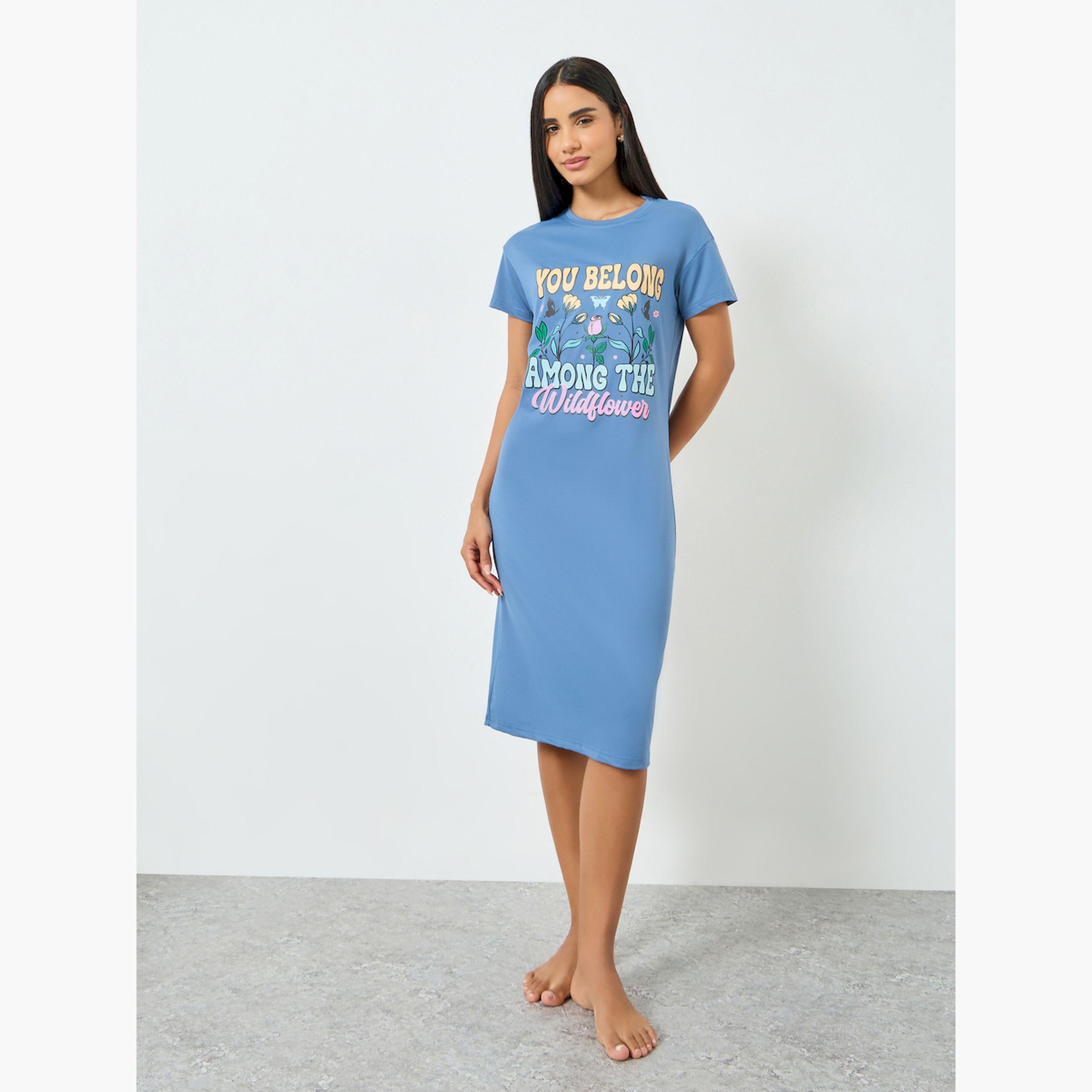 تيك تو × ستايلي - فستان تيشيرت نقشة زهور برية زرقاء-women-clothing-nightwear-nighties-image-2
