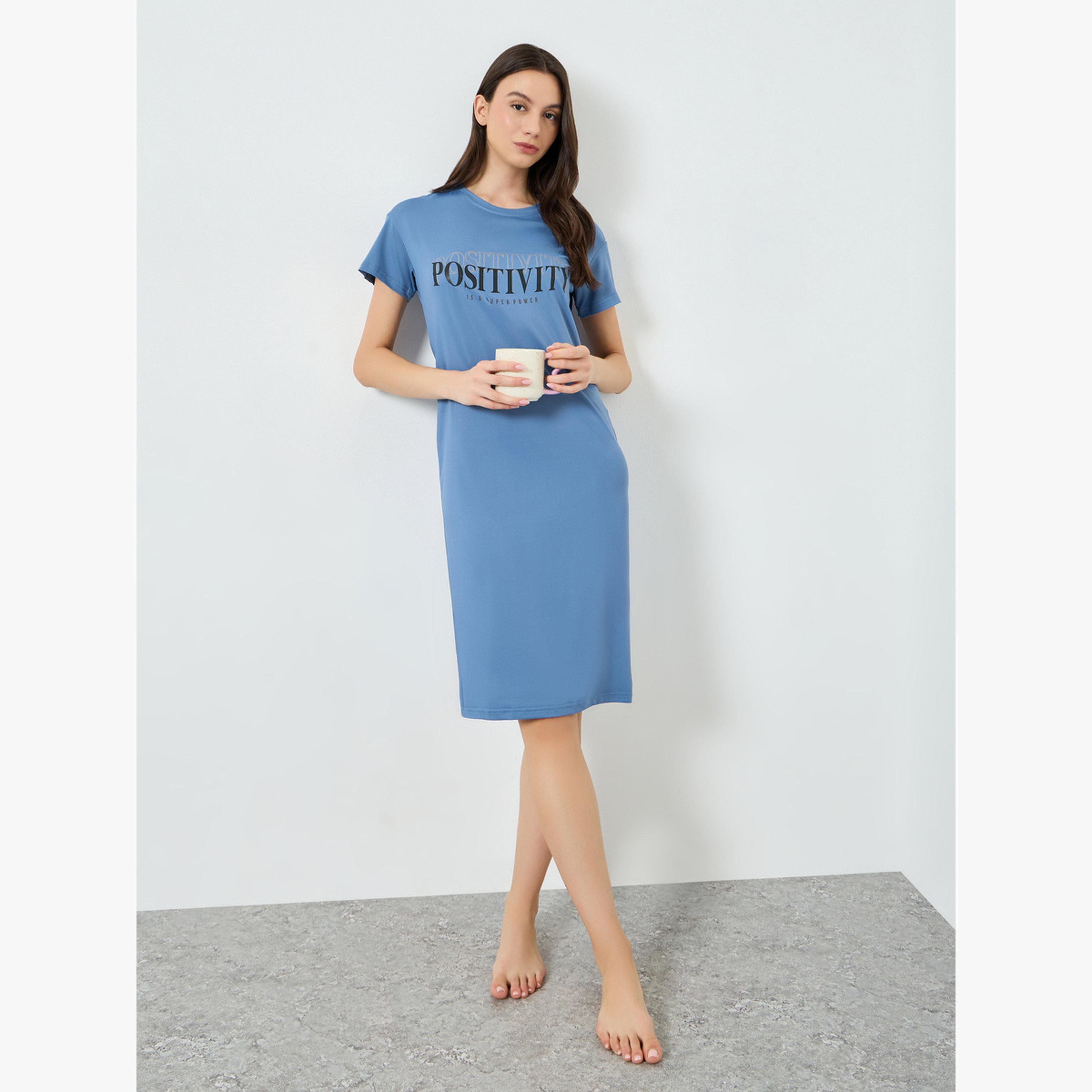 Take Two Blue Slogan Print T-Shirt Dress-women-clothing-nightwear-nighties-image-2