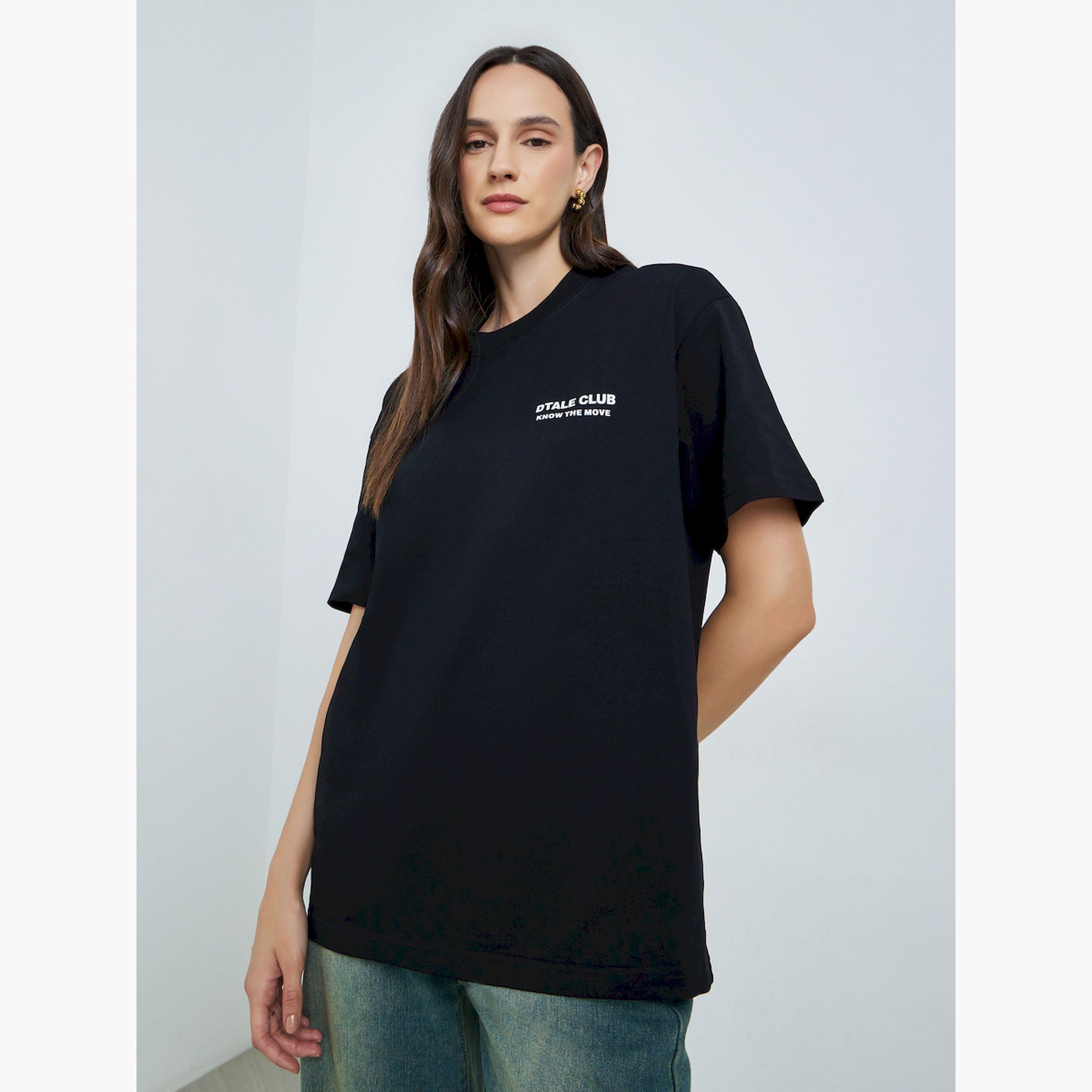 Take Two Black Oversized Cotton T-Shirt with Text Print-women-clothing-tshirts-image-1