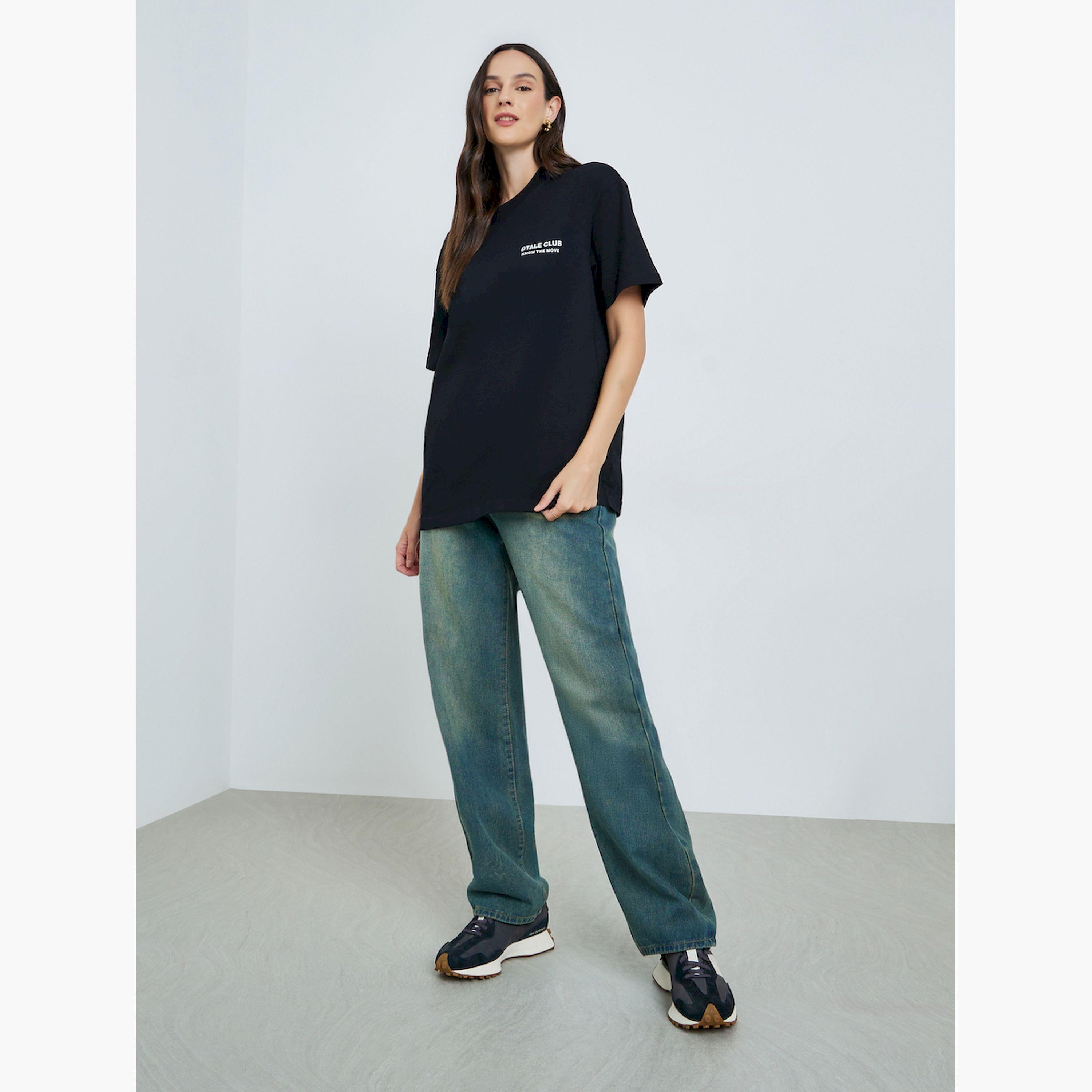تيك تو × ستايلي - تيشيرت قطني أسود فضفاض نقشة نص-women-clothing-tshirts-image-2