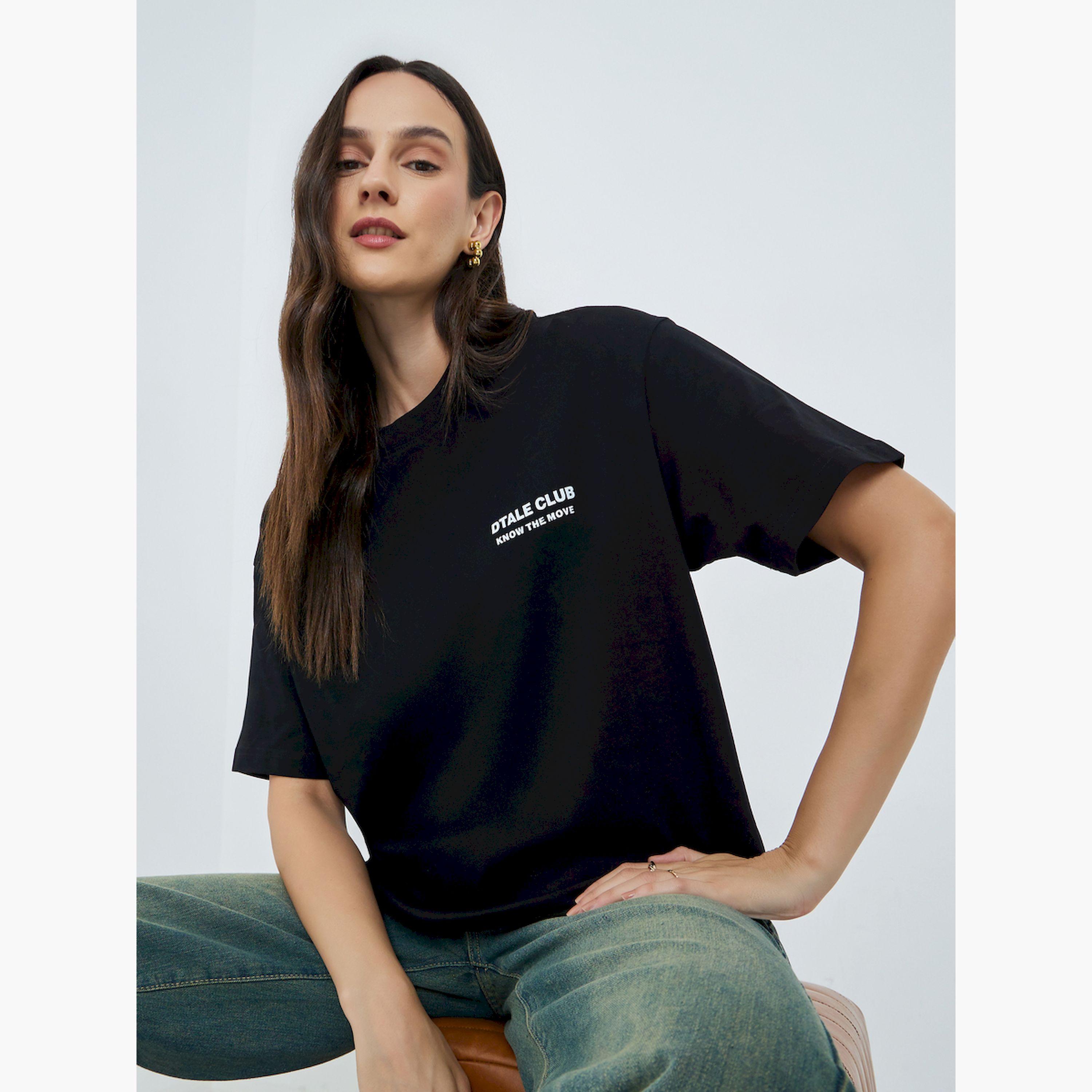 Take Two Black Oversized Cotton T-Shirt with Text Print-women-clothing-tshirts-image-3