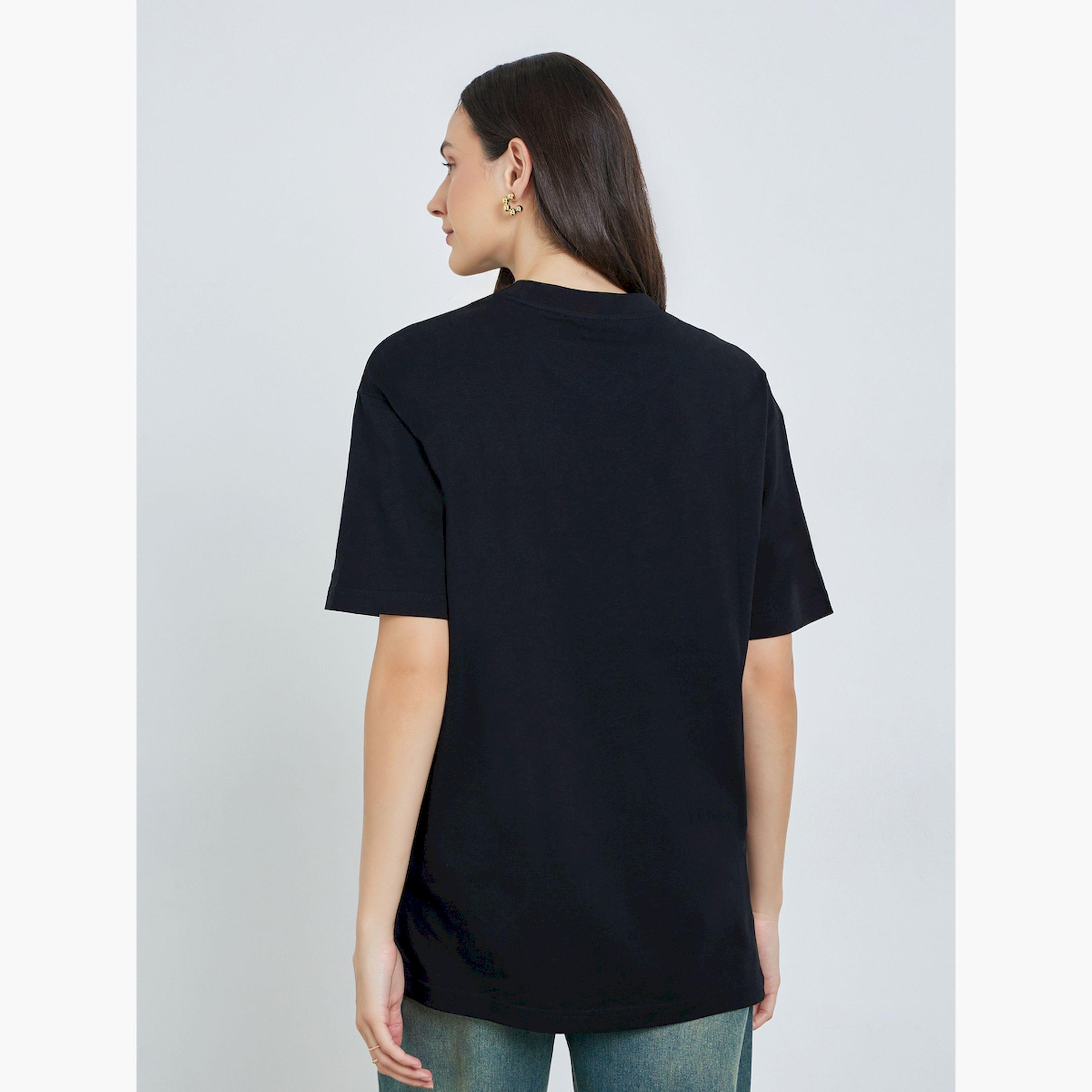 تيك تو × ستايلي - تيشيرت قطني أسود فضفاض نقشة نص-women-clothing-tshirts-image-4