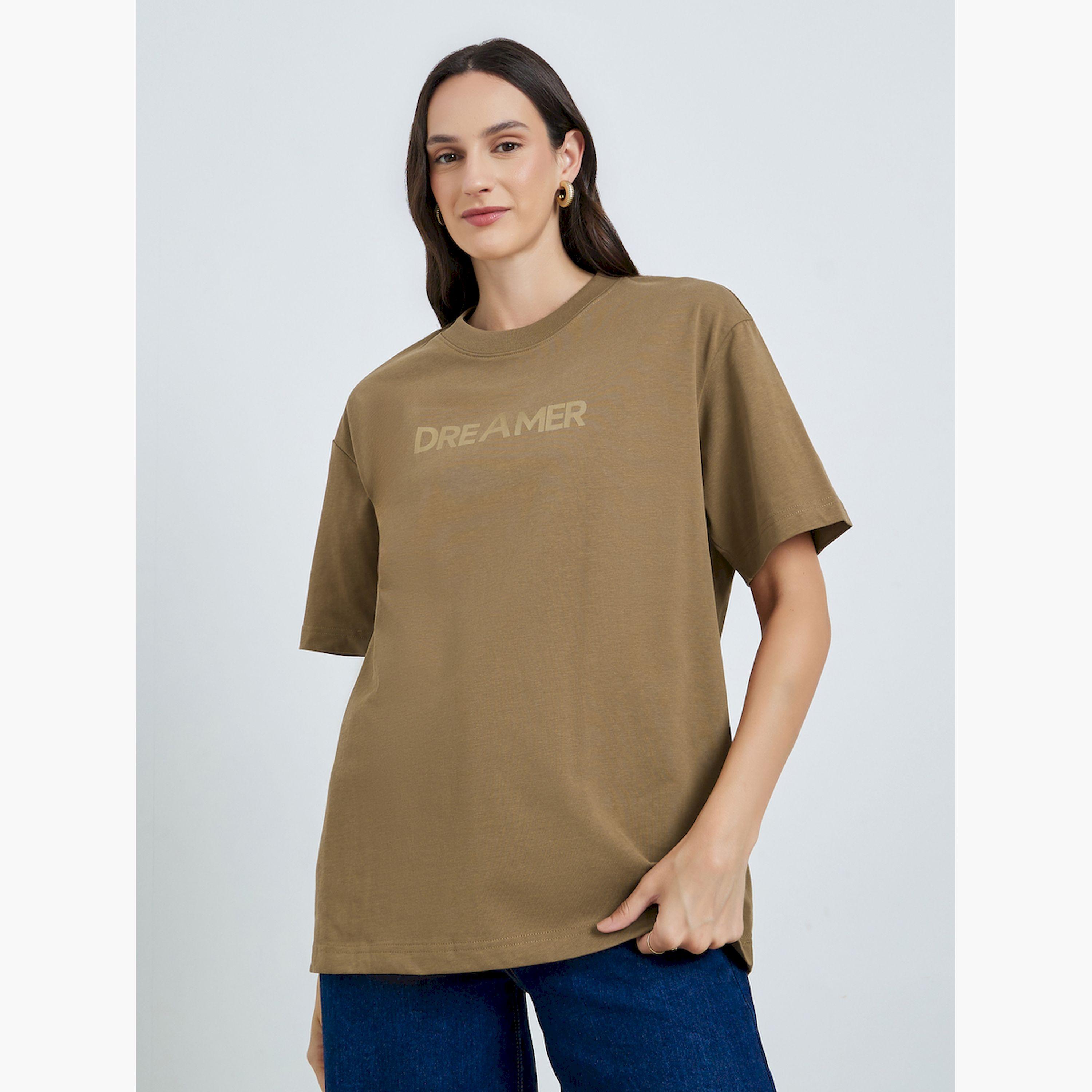 Take Two Brown Text Print Oversized Cotton T-Shirt-women-clothing-tshirts-image-1