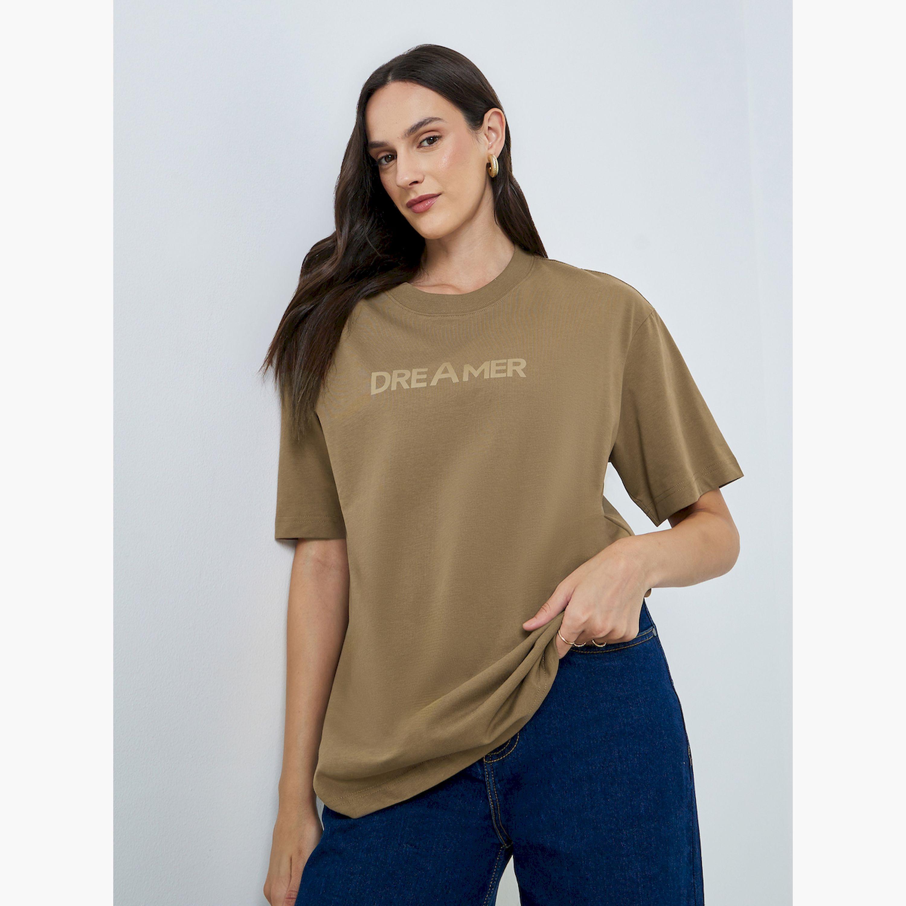 Take Two Brown Text Print Oversized Cotton T-Shirt-women-clothing-tshirts-image-3