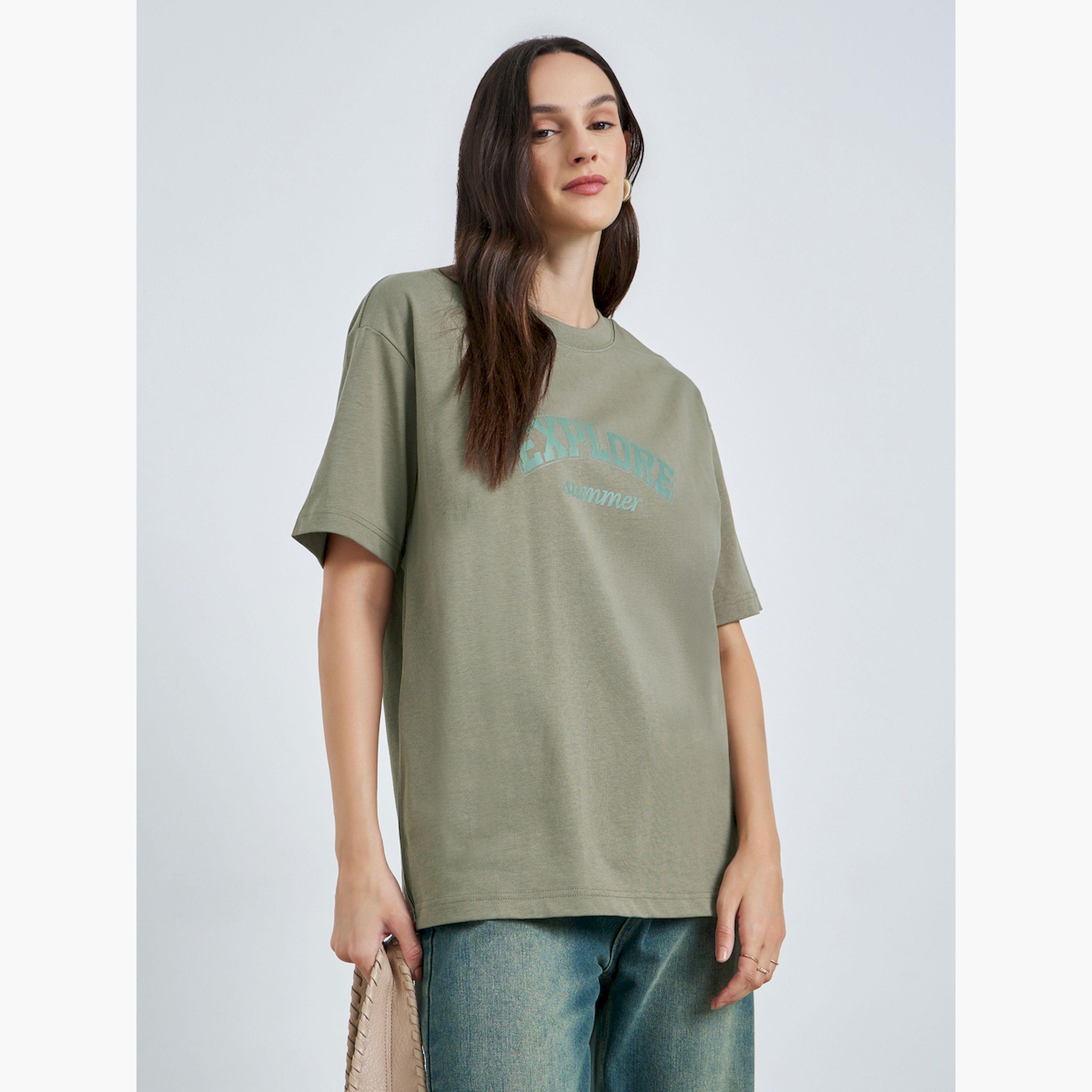 Take Two Green Text Print Oversized Cotton T-Shirt-women-clothing-tshirts-image-1