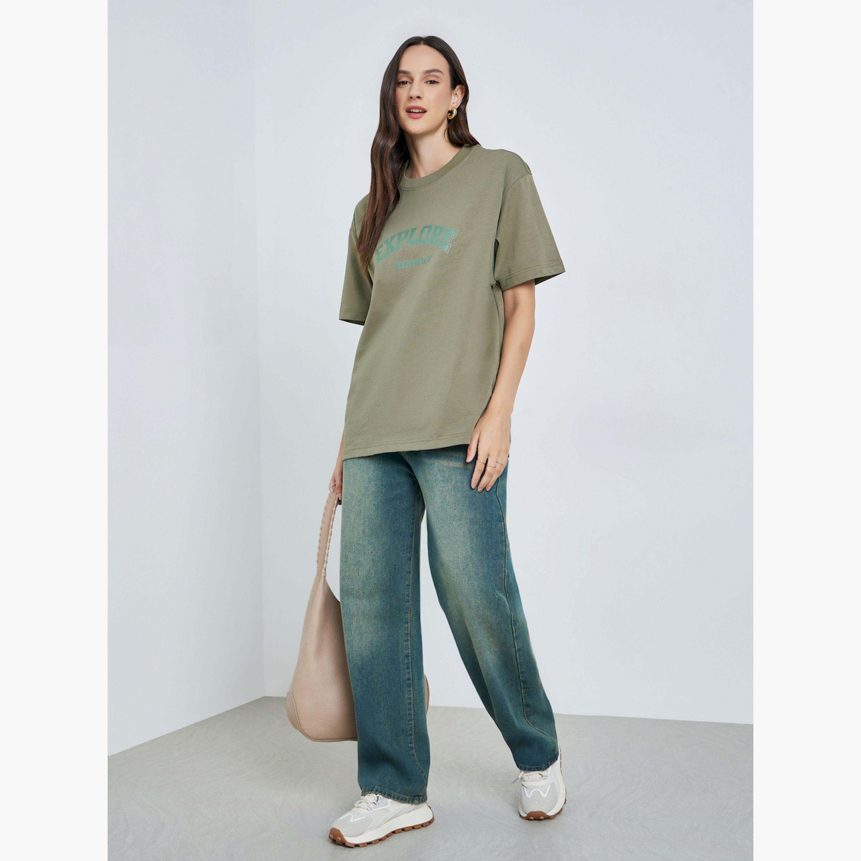 Take Two Green Text Print Oversized Cotton T-Shirt-women-clothing-tshirts-image-2