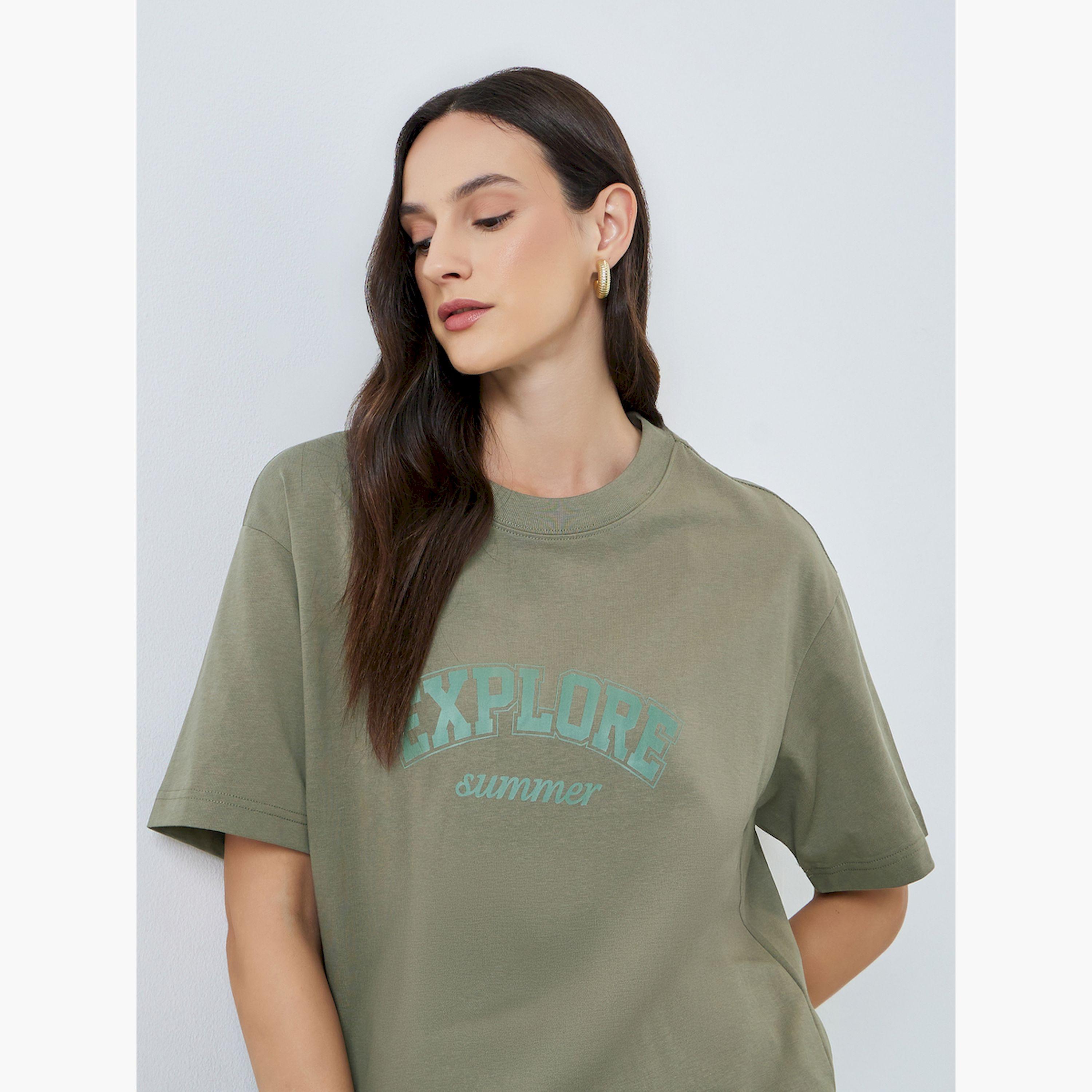 تيك تو × ستايلي - تيشيرت قطني كبير الحجم نقشة نص أخضر-women-clothing-tshirts-image-3