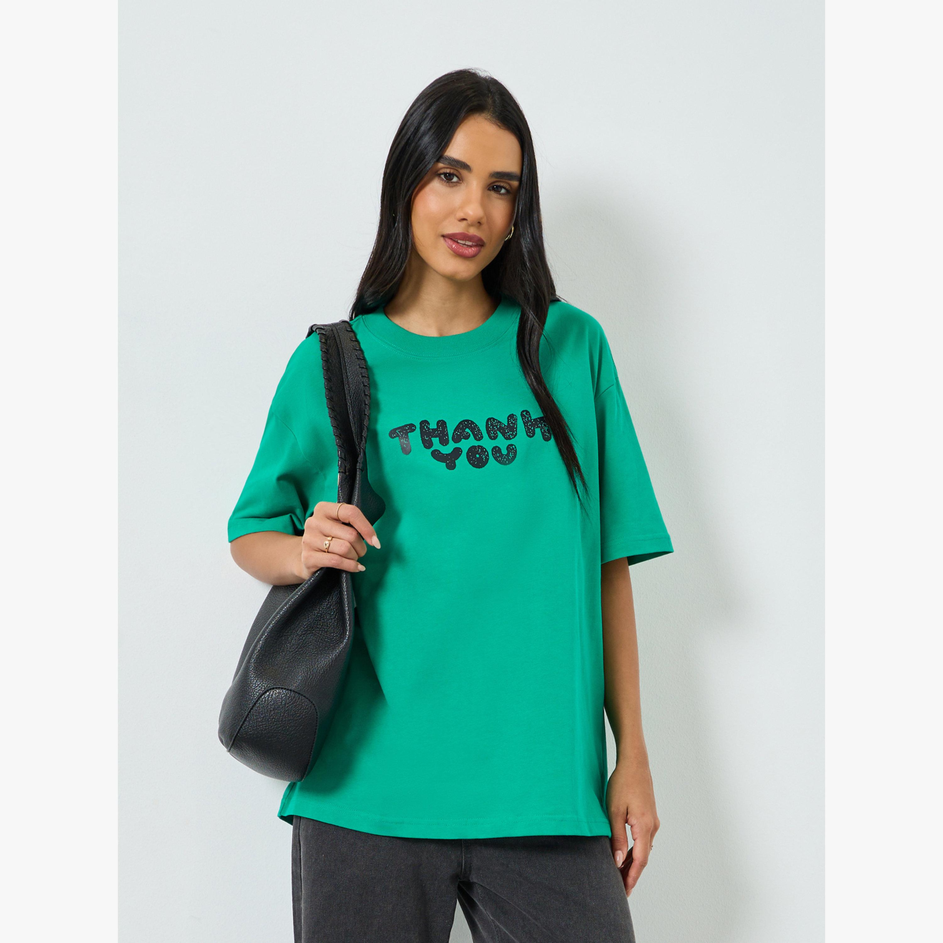 Take Two Green Oversized Slogan Print Cotton T-Shirt-women-clothing-tshirts-image-1