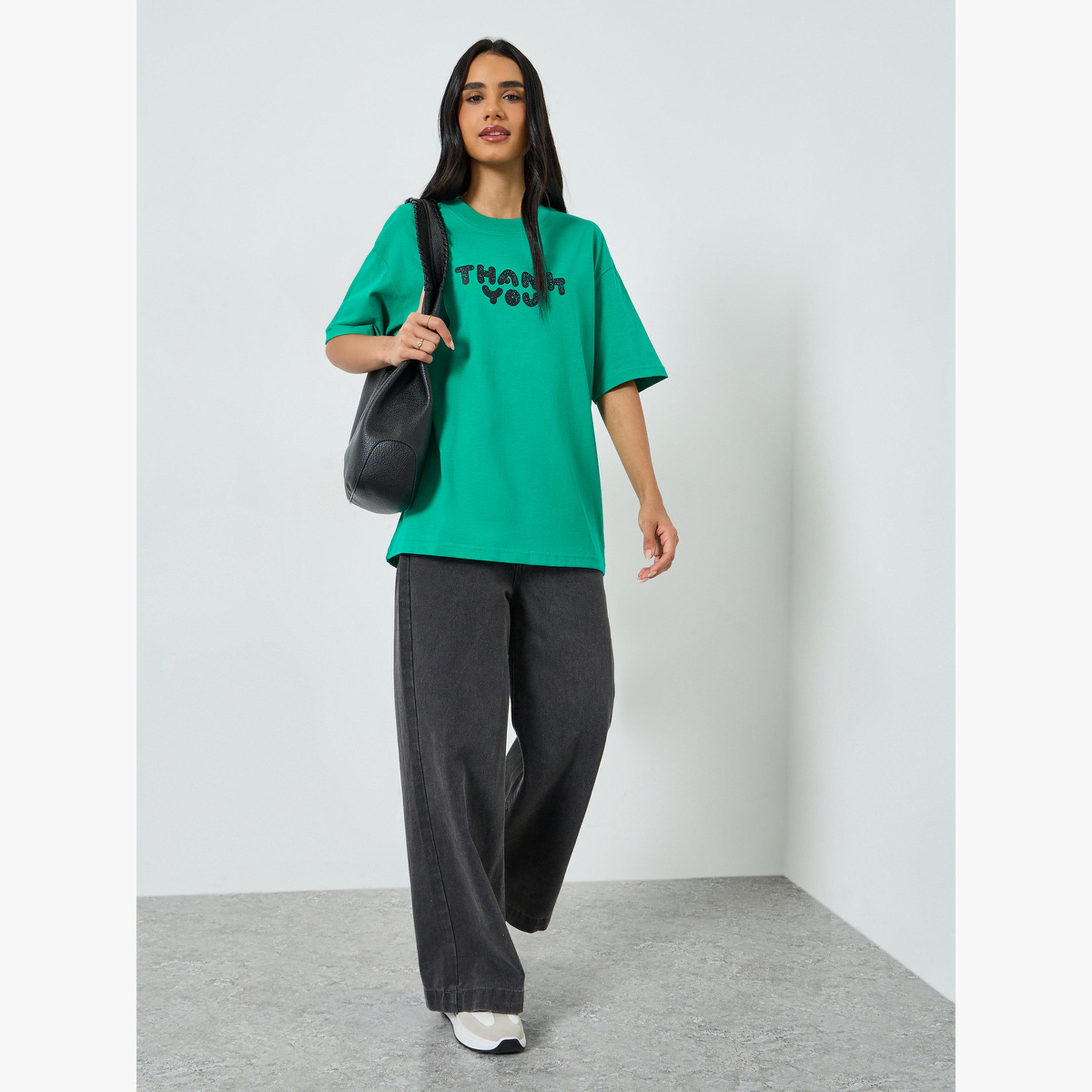 Take Two Green Oversized Slogan Print Cotton T-Shirt-women-clothing-tshirts-image-2