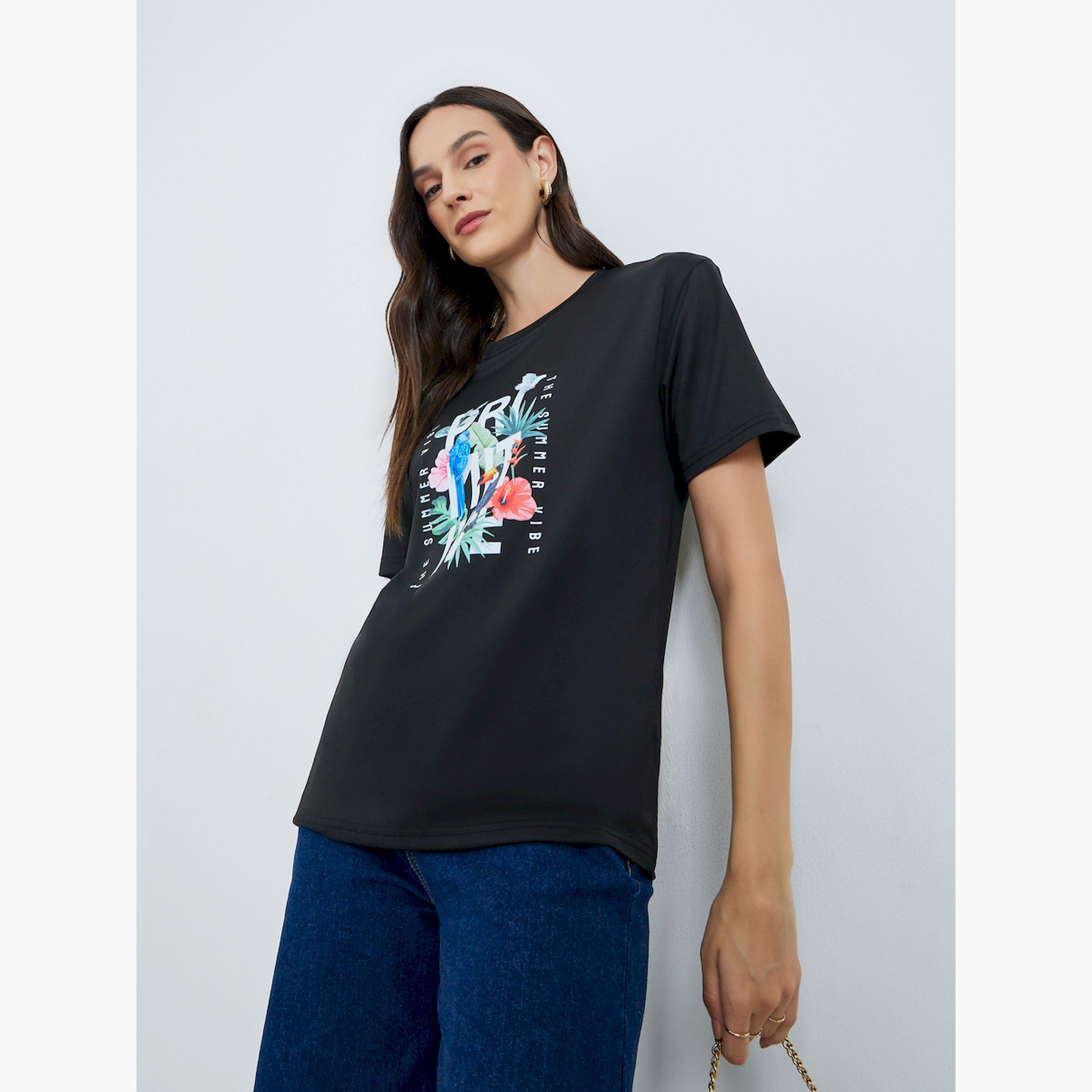Take Two Black Tropical Print Short Sleeve T-Shirt-women-clothing-tshirts-image-1