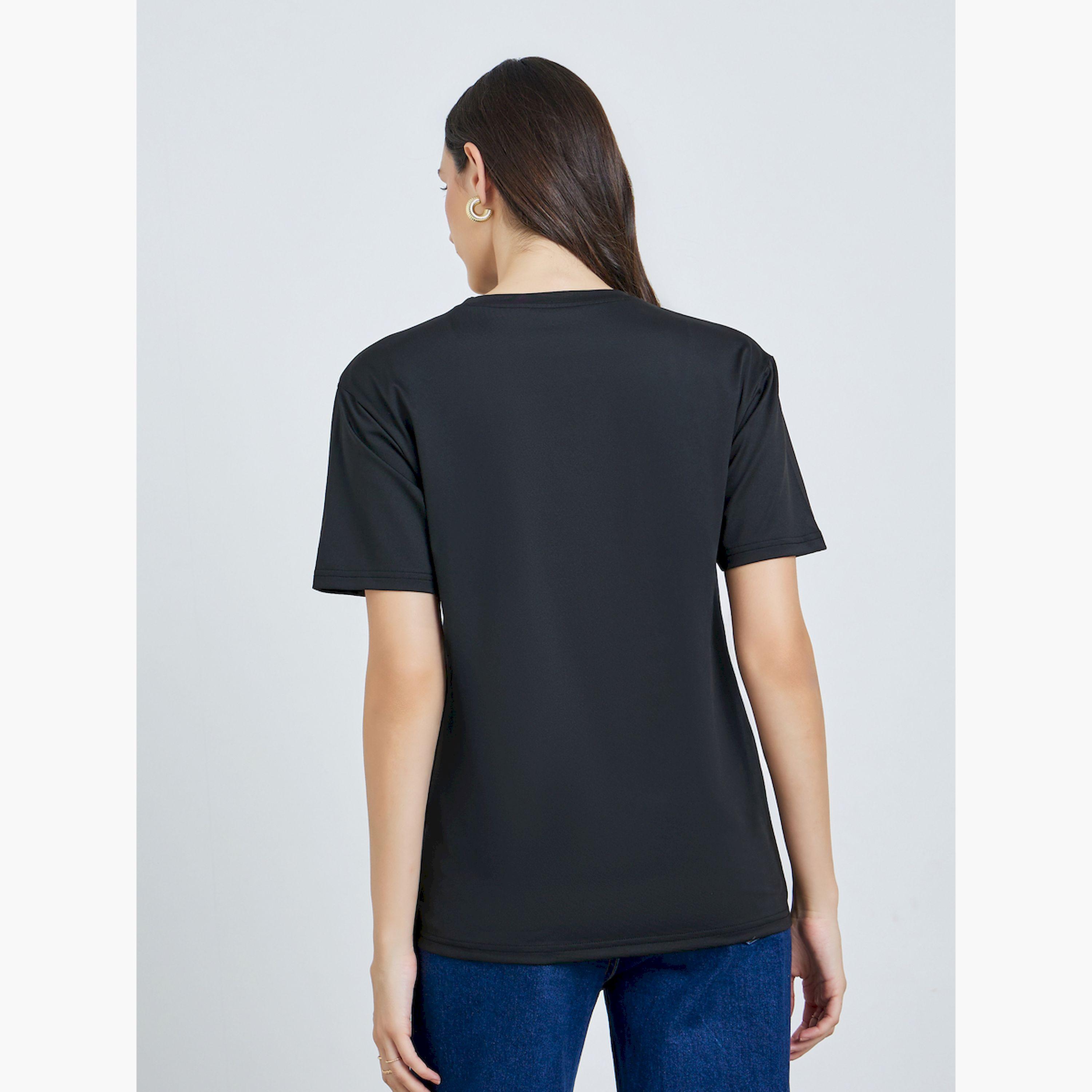 تيك تو × ستايلي - تيشيرت أسود بأكمام قصيرة نقشة استوائية-women-clothing-tshirts-image-3