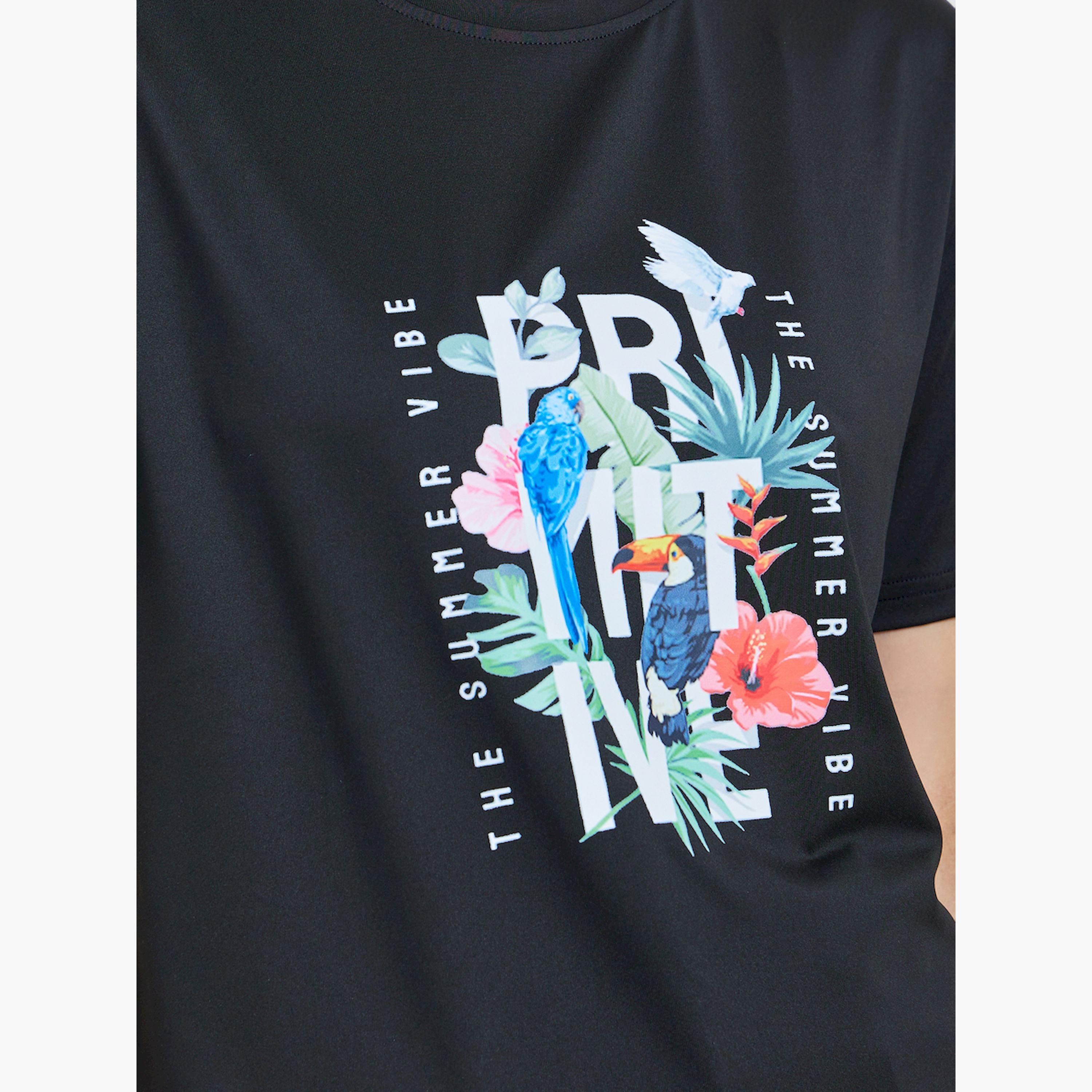 تيك تو × ستايلي - تيشيرت أسود بأكمام قصيرة نقشة استوائية-women-clothing-tshirts-image-4