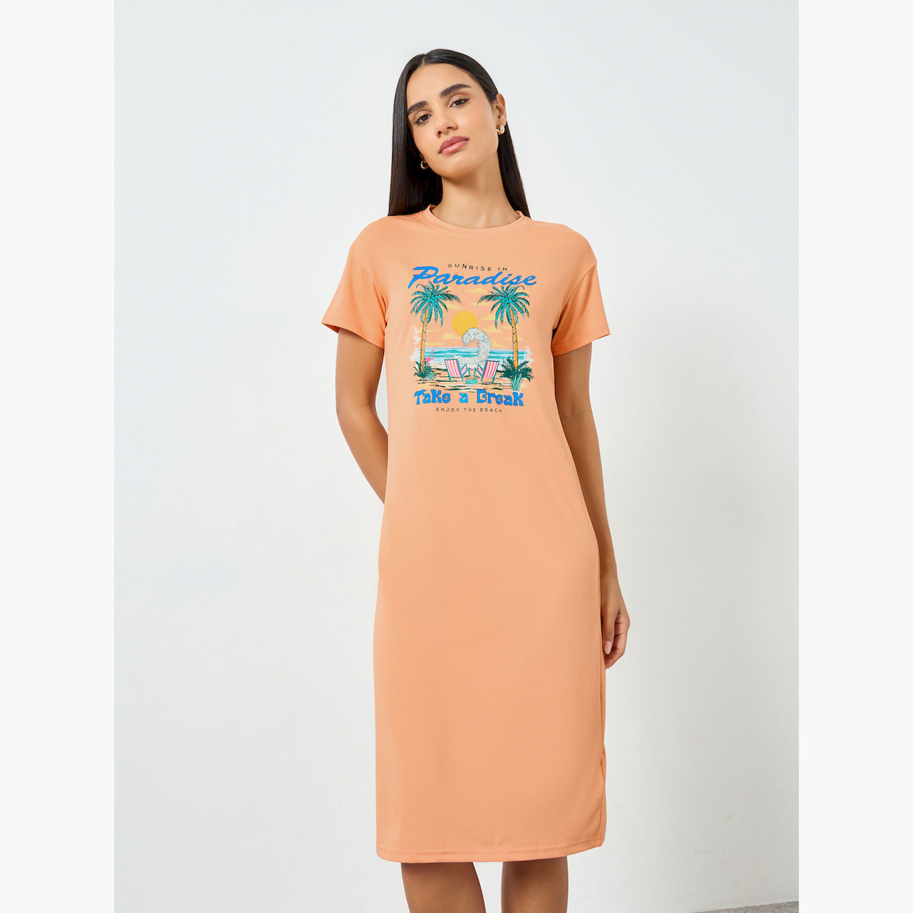 Take Two Orange Beach Print T-Shirt Dress-women-clothing-nightwear-nighties-image-1