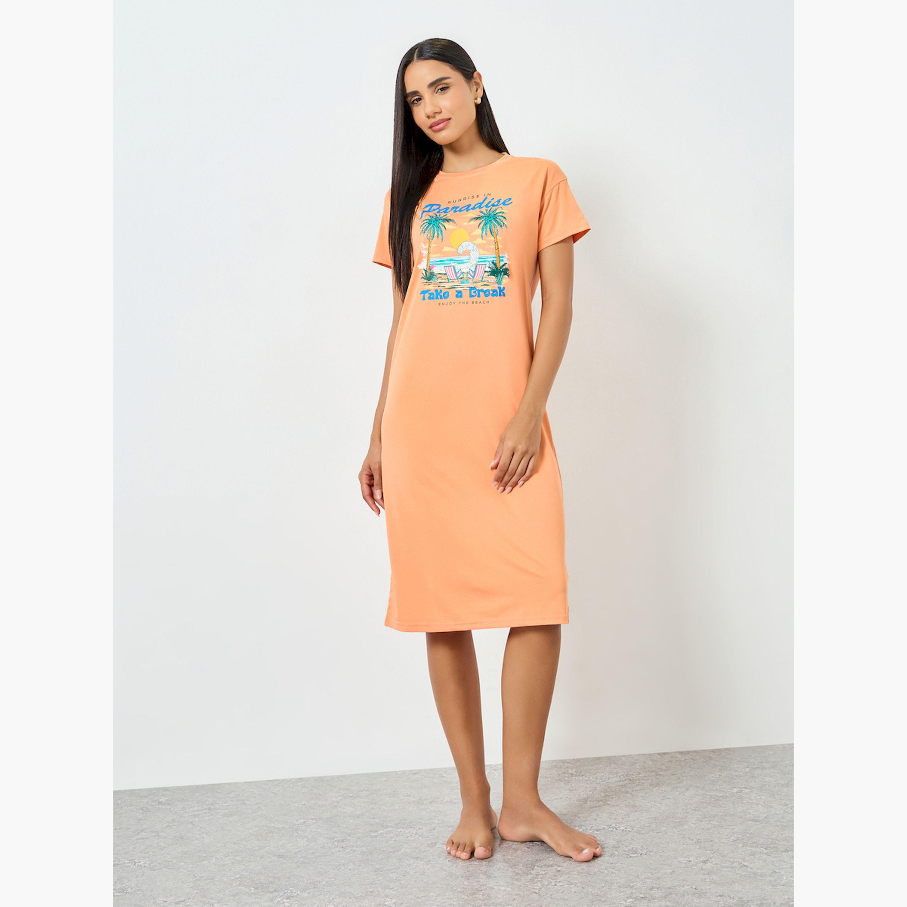 Take Two Orange Beach Print T-Shirt Dress-women-clothing-nightwear-nighties-image-2