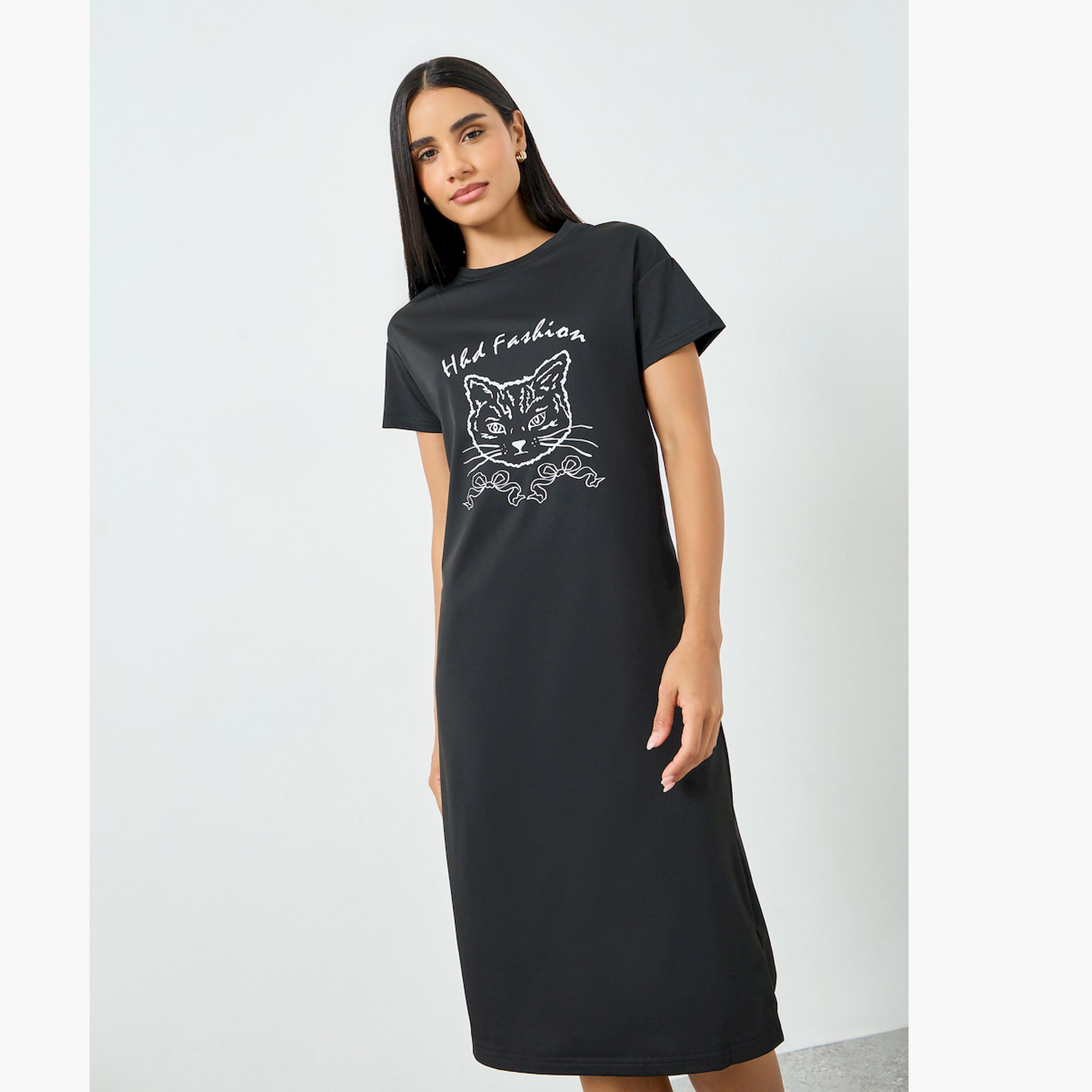 Take Two Black Cat Print T-Shirt Dress-women-clothing-nightwear-nighties-image-1