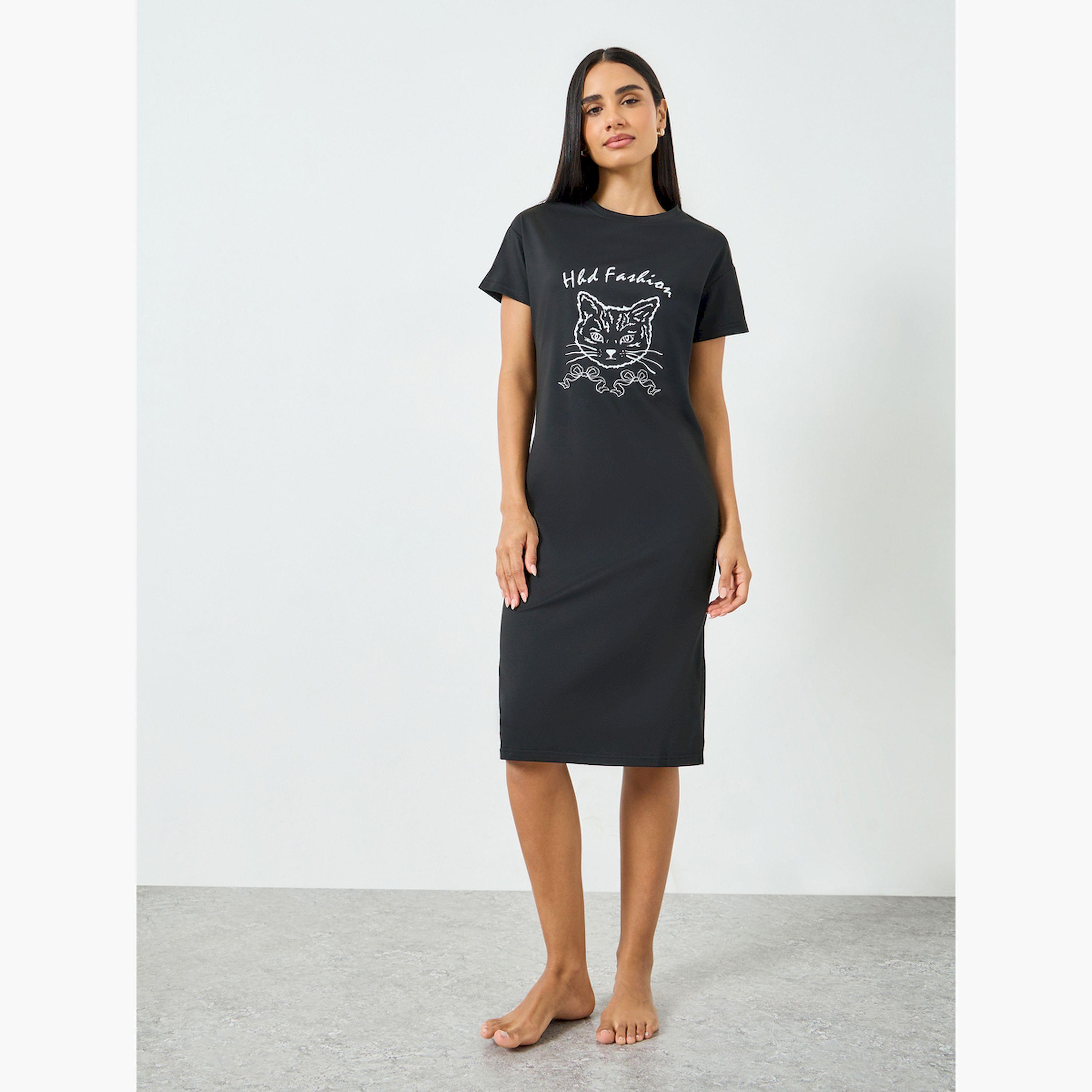 Take Two Black Cat Print T-Shirt Dress-women-clothing-nightwear-nighties-image-2