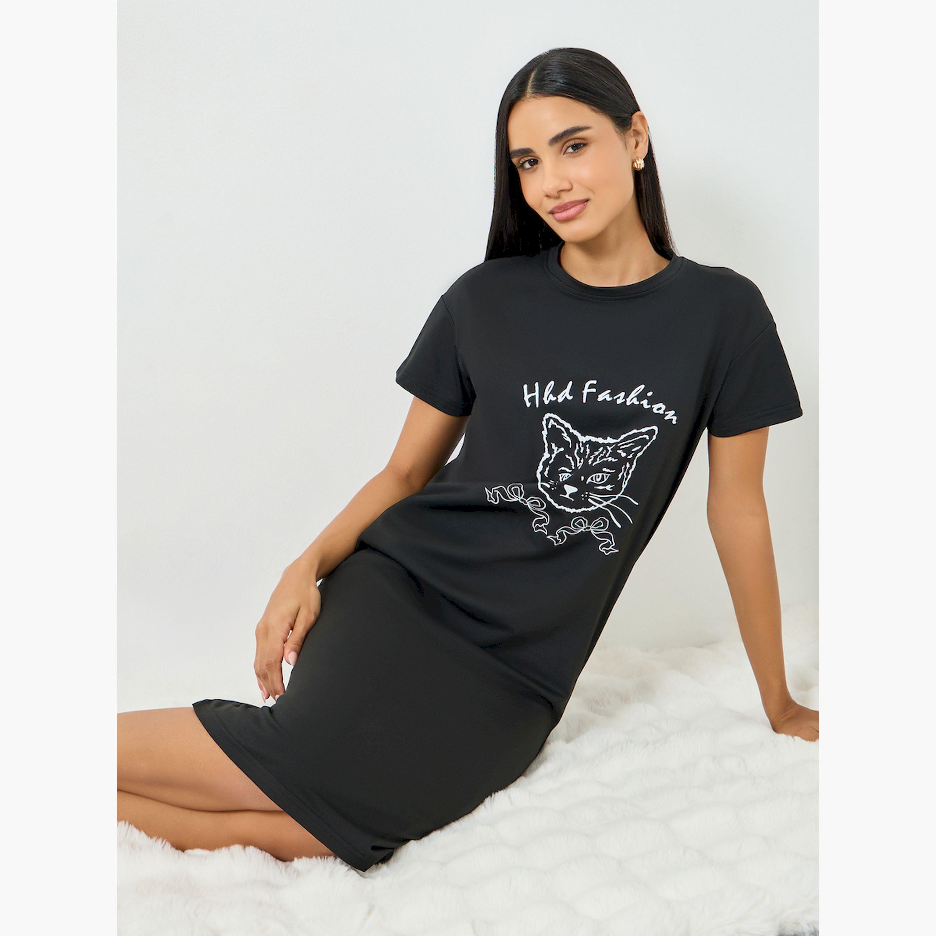 Take Two Black Cat Print T-Shirt Dress-women-clothing-nightwear-nighties-image-3