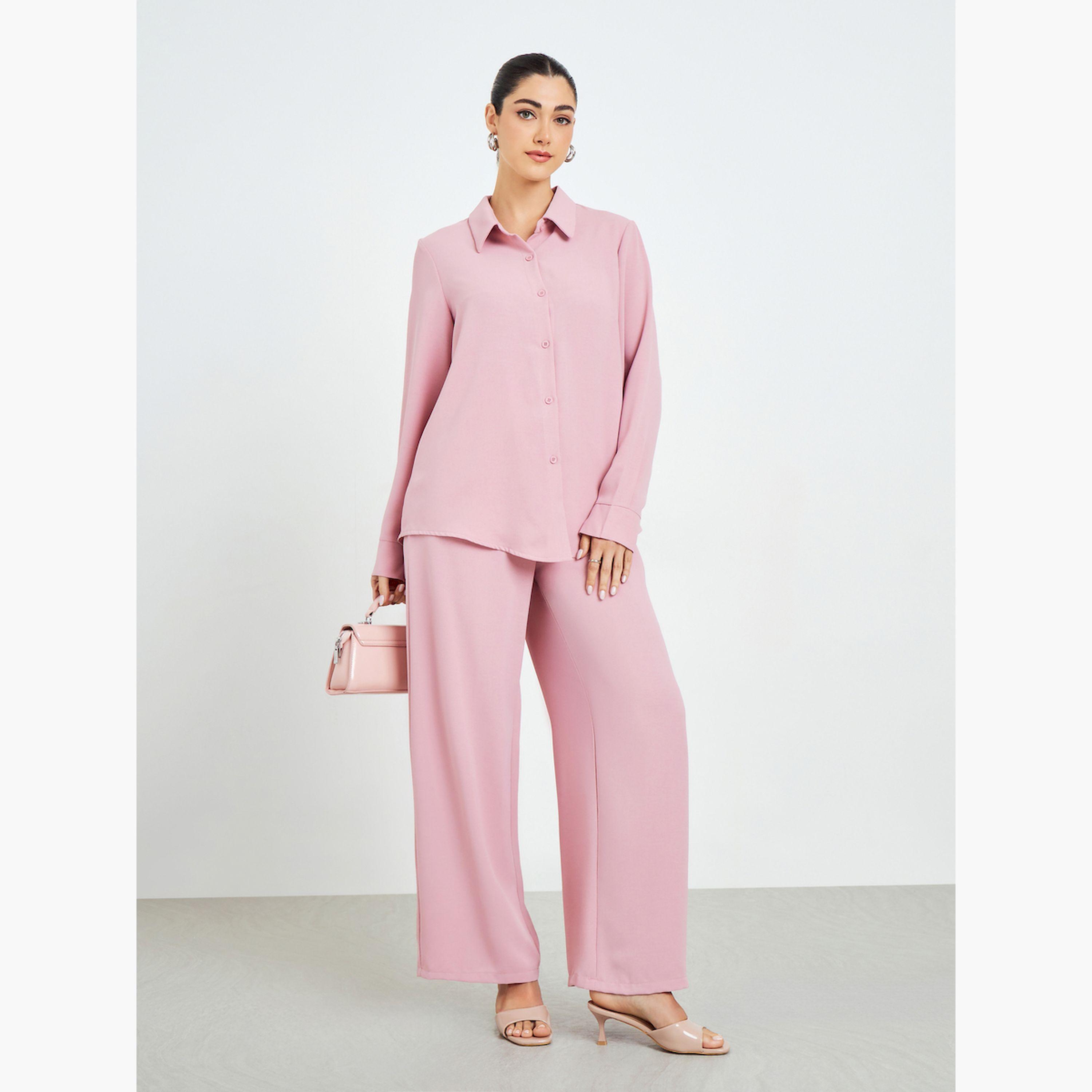 Styli Pink Oversized Shirt and Wide Leg Pants Modest Set-women-arabicclothing-sets-image-1