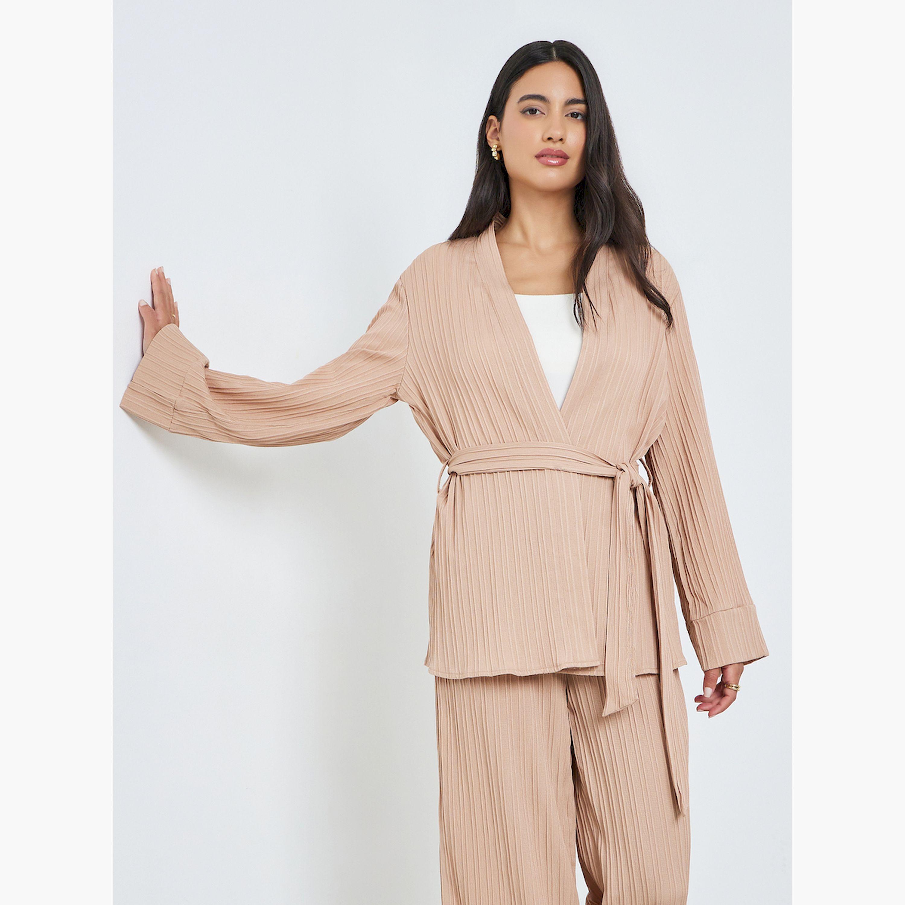 ستايلي - طقم بيج مكون من بلوزة واسعة مطوية وبنطال واسع الساقين-women-arabicclothing-sets-image-2