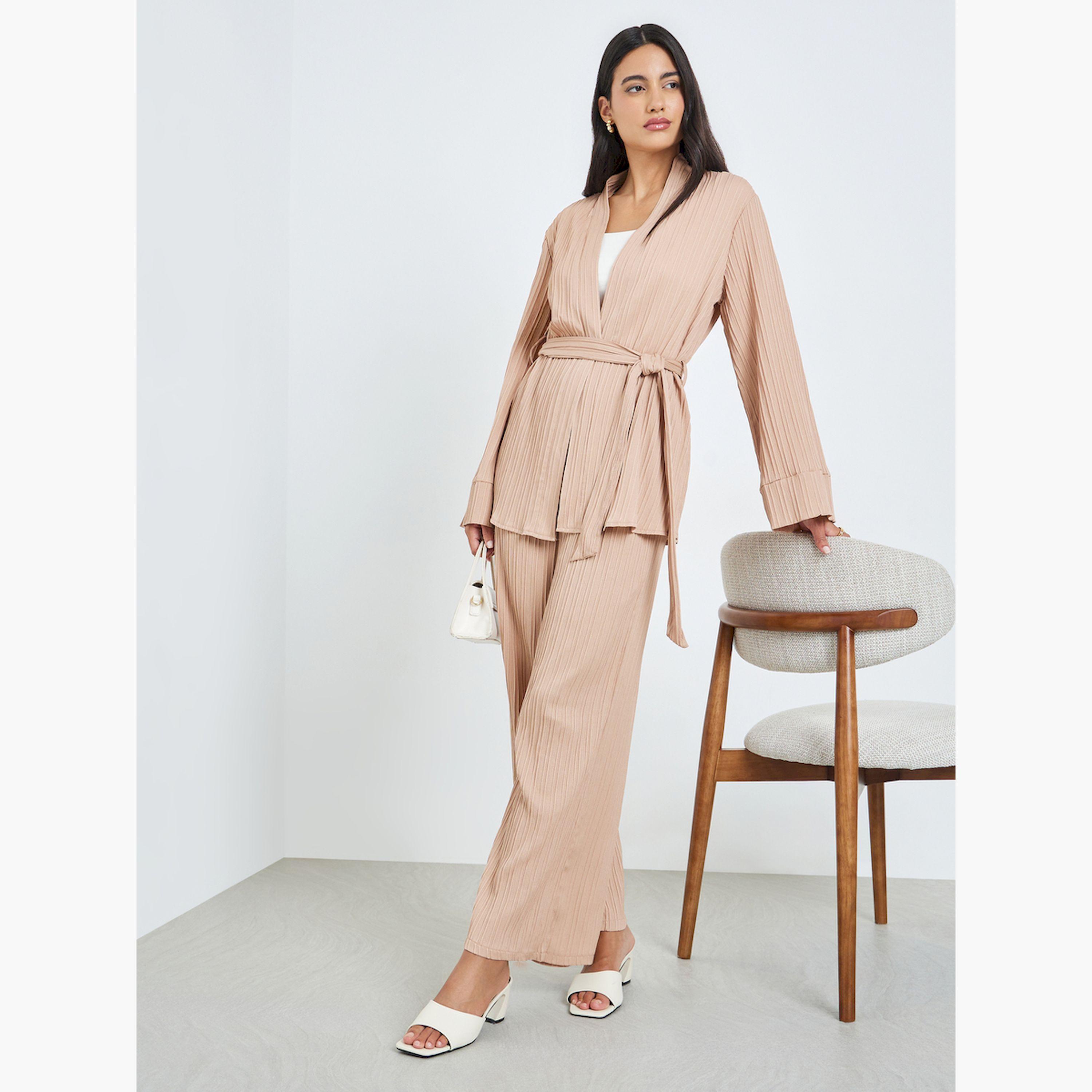ستايلي - طقم بيج مكون من بلوزة واسعة مطوية وبنطال واسع الساقين-women-arabicclothing-sets-image-3