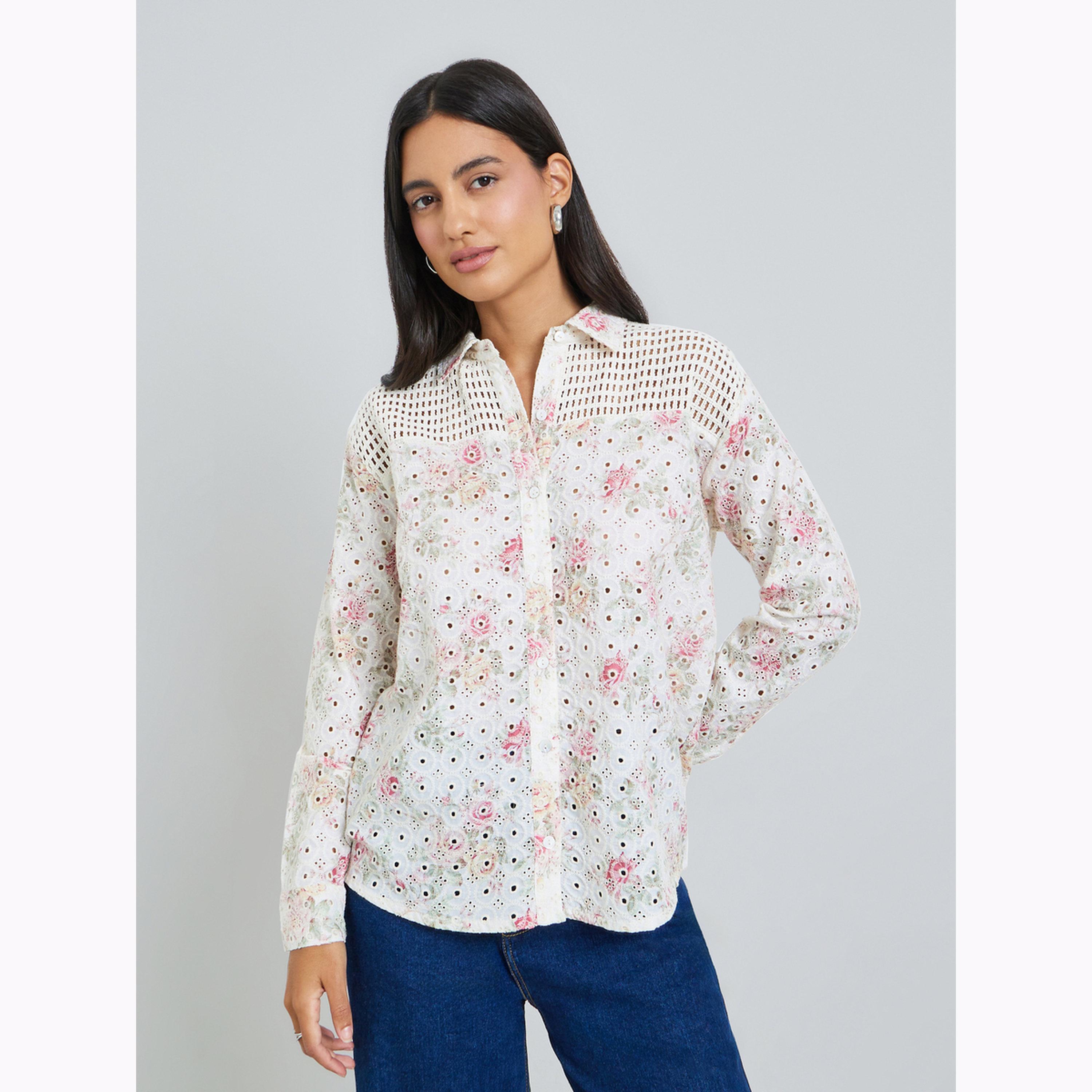 Styli Off White Floral Embroidered Crochet Yoke Shirt-women-clothing-shirtsandblouses-shirts-image-1