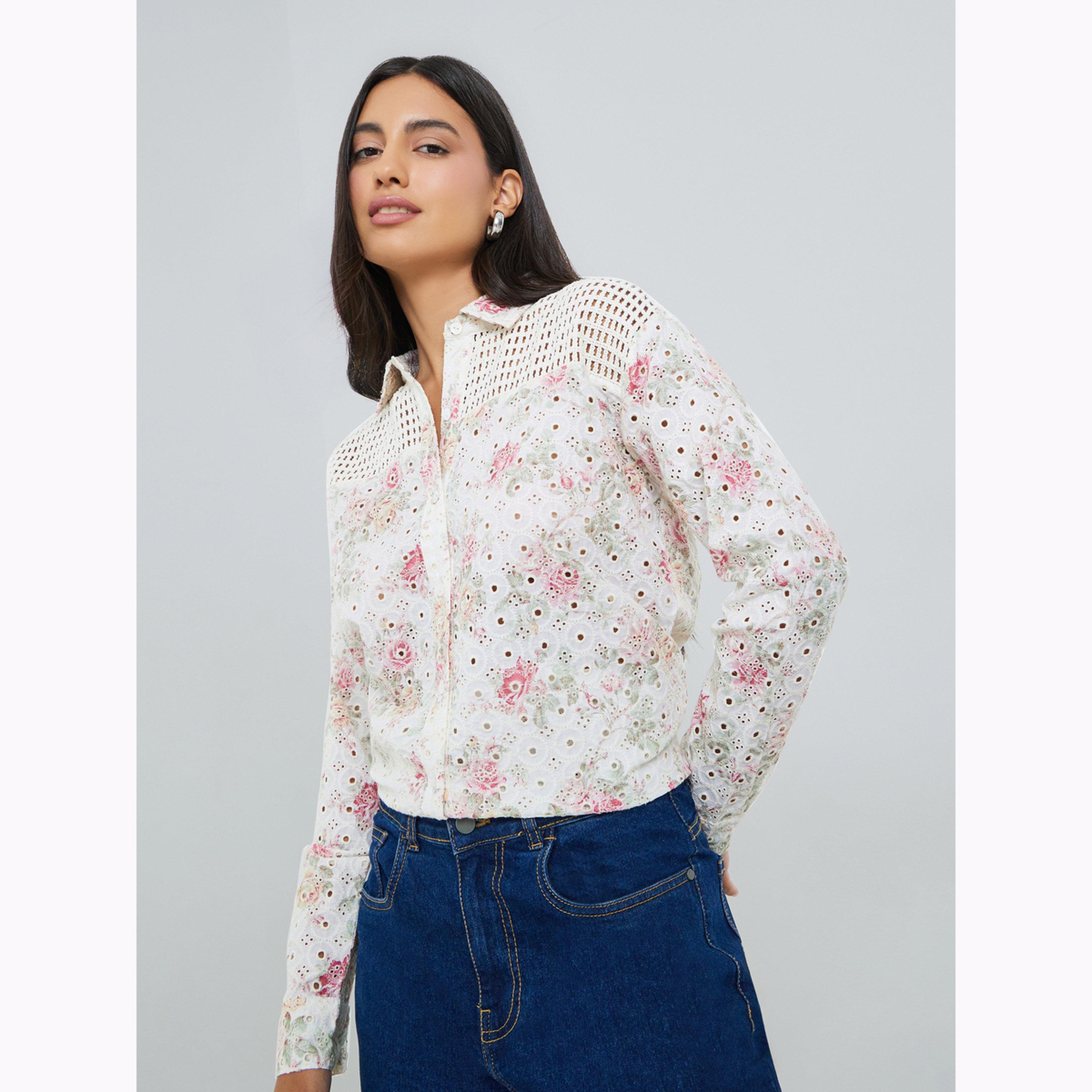Styli Off White Floral Embroidered Crochet Yoke Shirt-women-clothing-shirtsandblouses-shirts-image-4