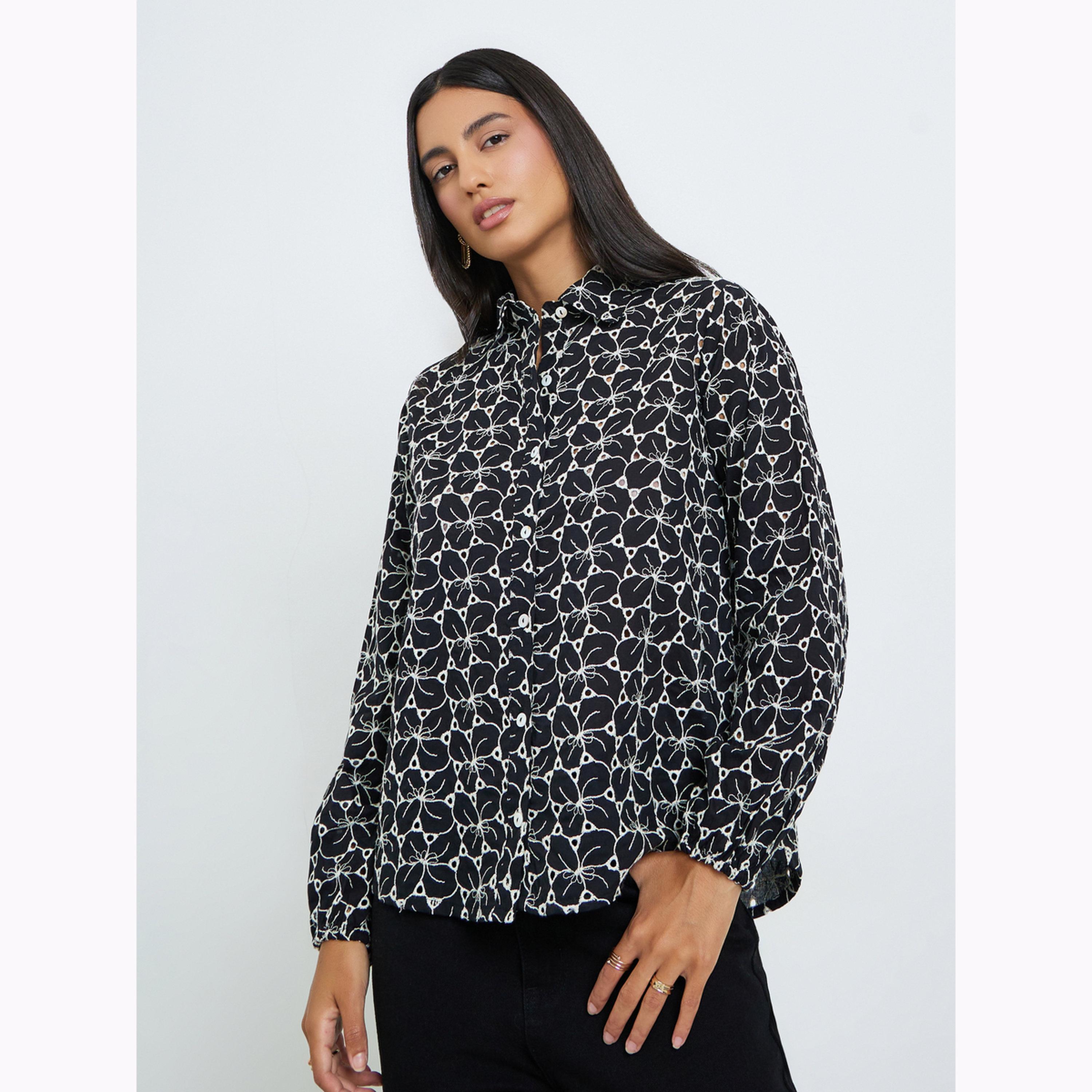 Styli Black Embroidered Relaxed Fit Shirt-women-clothing-shirtsandblouses-shirts-image-1