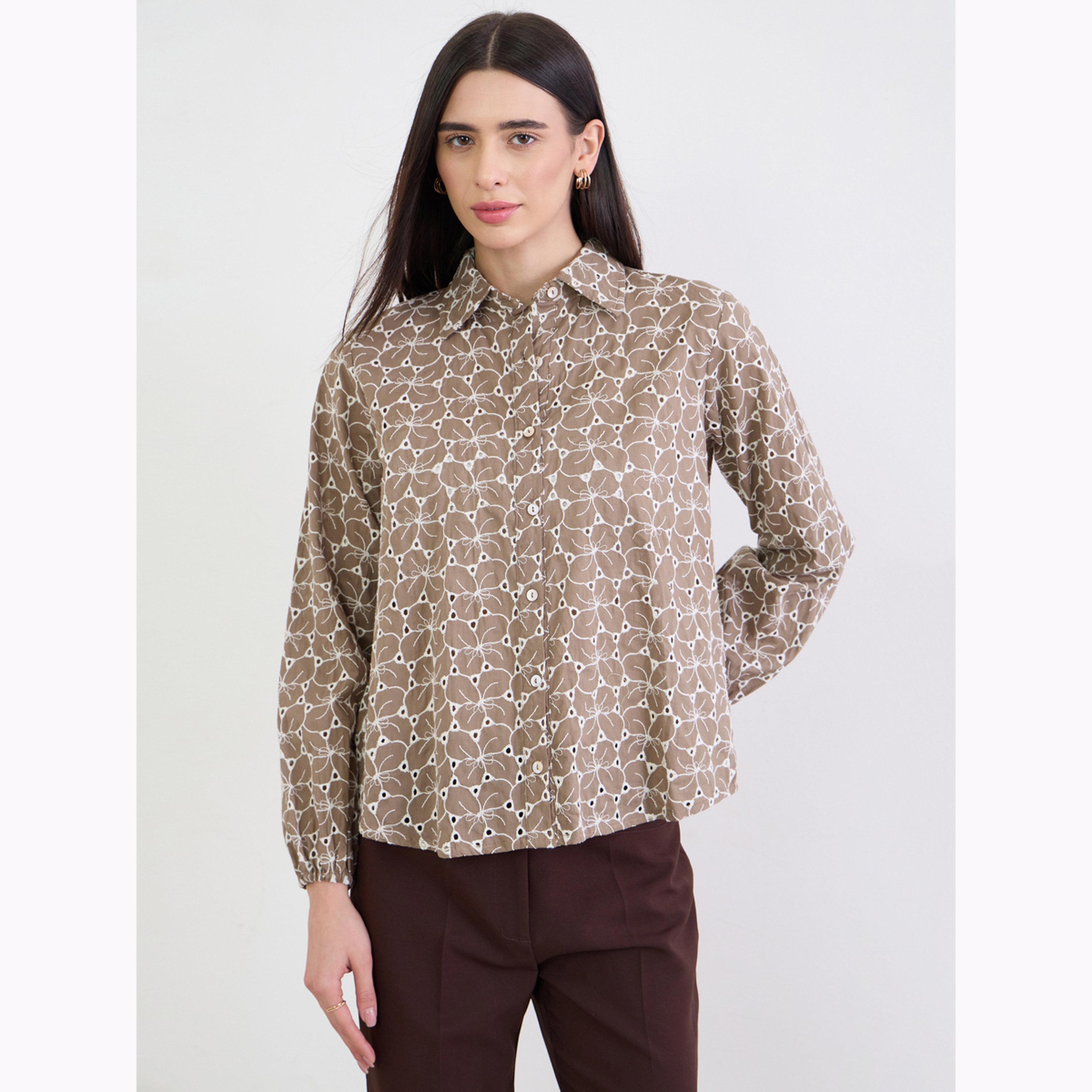 قميص قطن مطرز بالزهور لون بني-women-clothing-shirtsandblouses-shirts-image-1